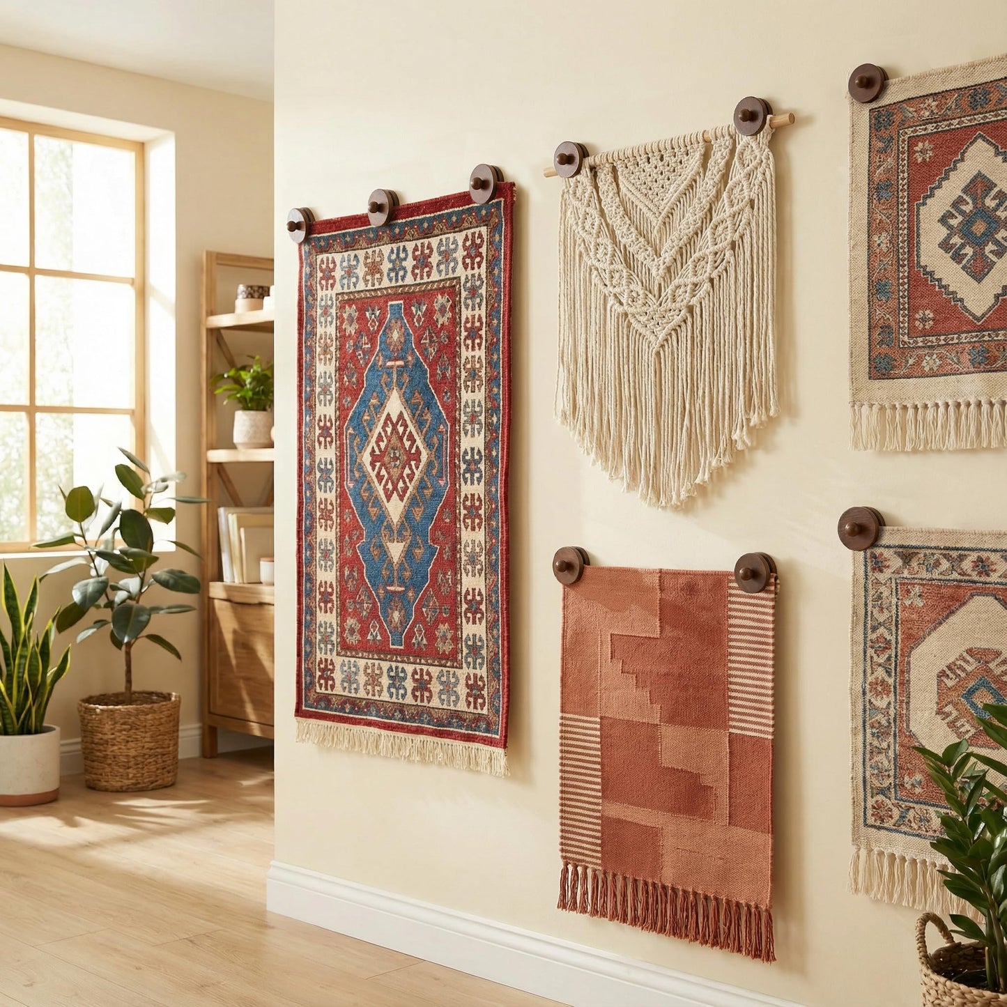 4pcs Walnut Adjustable Large Quilt Hanger for wall for Display,Wooden Heavy Duty wall Hanger Clips for Tapestry,Rug,Carpet and Duvet Covers,Poster Frame Nails and Hanging kit (Rustic Round Clip)