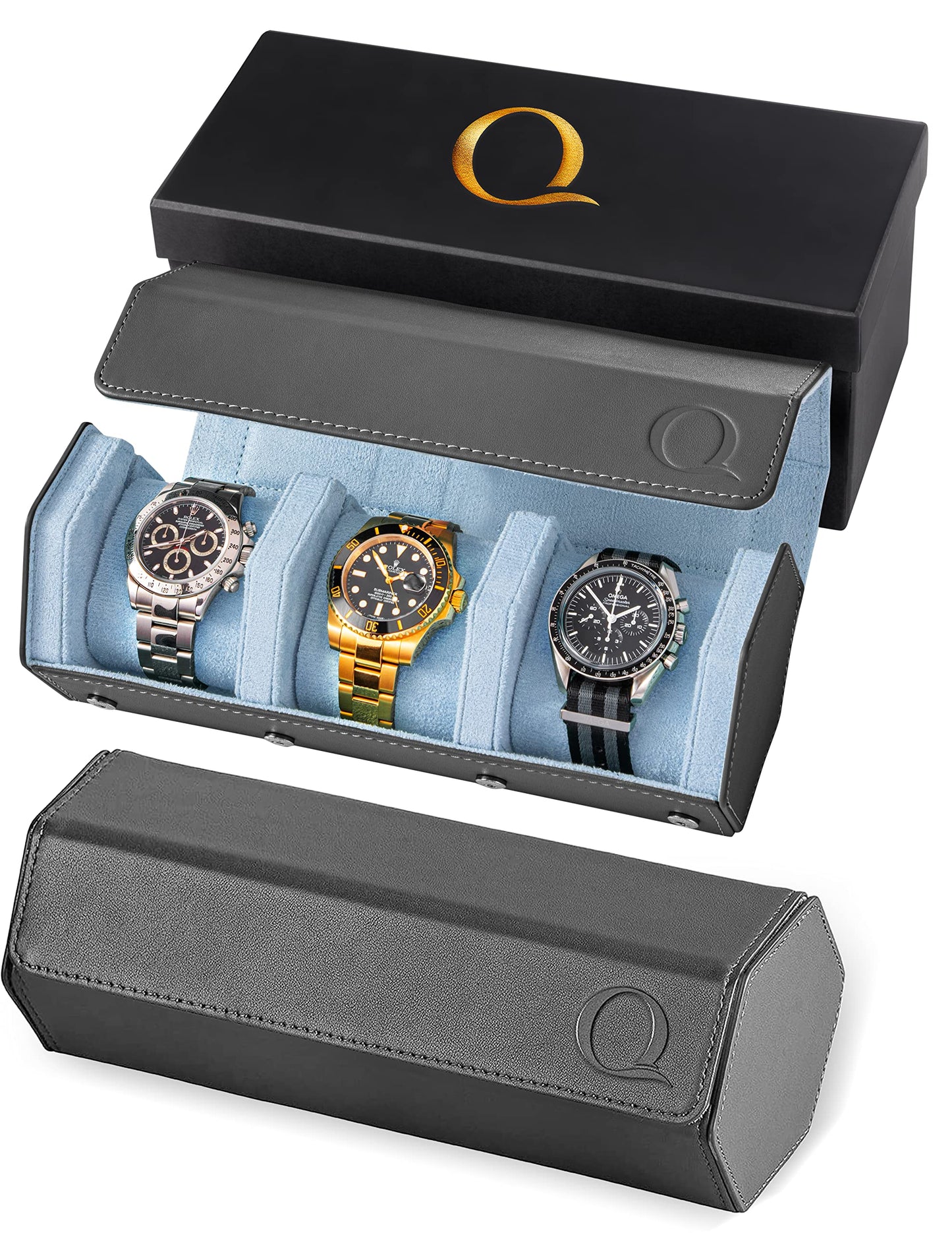 QWATCHBANDS Napa Leather Watch Rolls for Men - Hexagon Triple Watch Roll Travel Case for 3 Watches - Storage Organizer Genuine Leather with Velvet Interior Display (Gray/Blue)