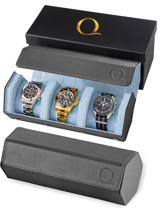 QWATCHBANDS Napa Leather Watch Rolls for Men - Hexagon Triple Watch Roll Travel Case for 3 Watches - Storage Organizer Genuine Leather with Velvet Interior Display (Gray/Blue)