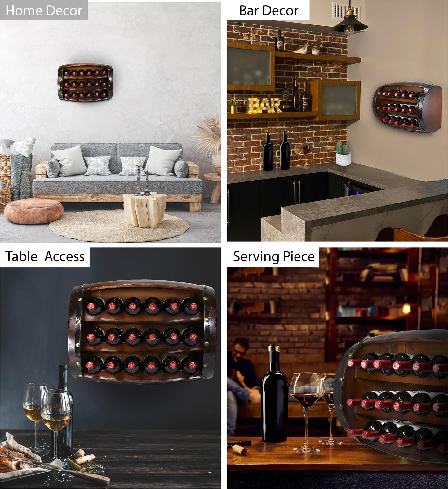 CoTa Global Napoleon Mounted Wall Wine Rack - 18 Wine Bottles Wooden Barrel Wine Rack, Hanging or Freestanding Floor Wine Holder, Liquor Bar Shelves, Rustic Wine Storage Shelf Organizer Home Decor