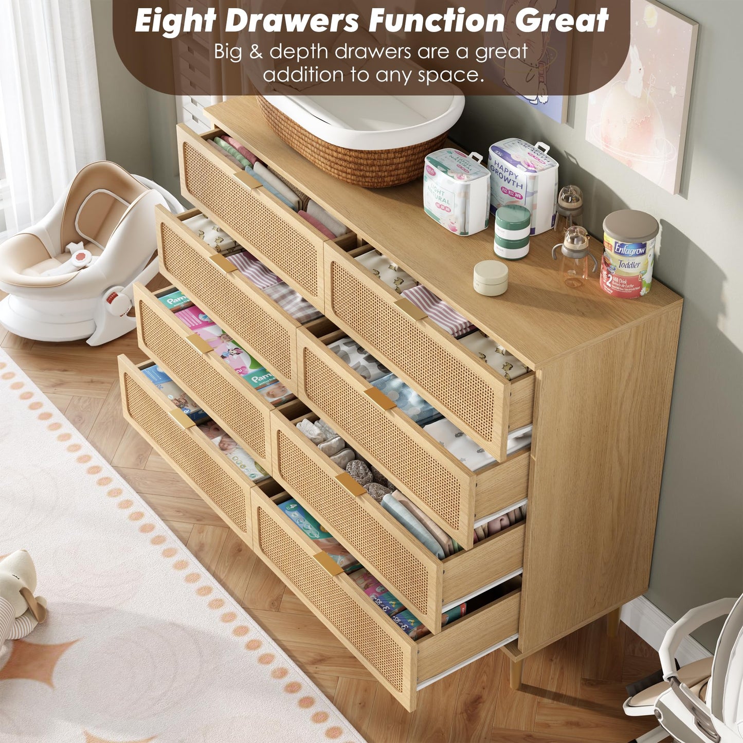 GarveeHome Rattan 8 Drawer Dressers for Bedroom, Tall Dresser with Deep Drawers, Large Chest of Drawers for Closet with Wide Top, Long Wooden Dresser for Living Room, Hallway, Kids Room, Natural
