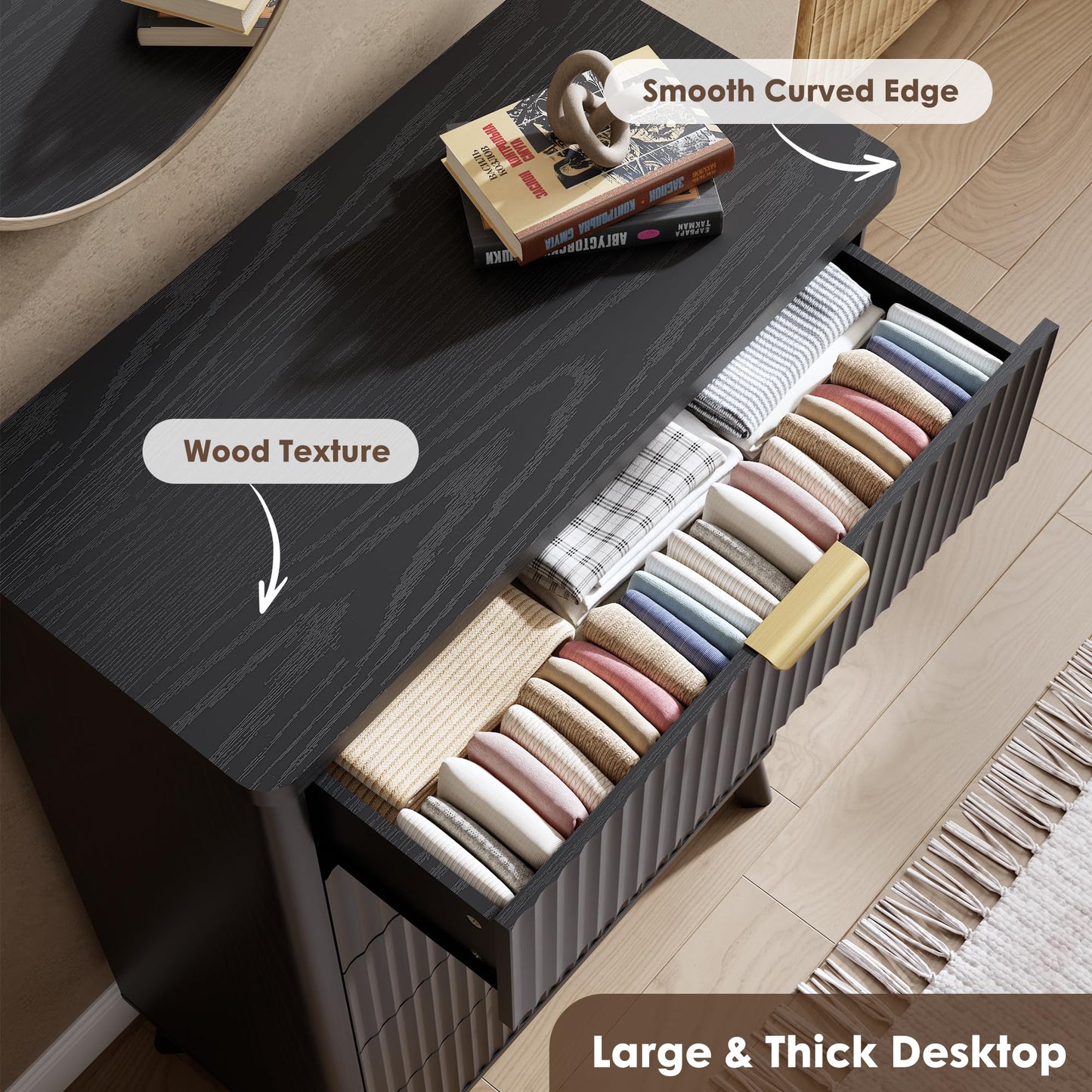 GarveeHome Fluted Dresser for Bedroom with 5 Deep Drawers, 47.2 in Tall Chest of Drawers, Curved Profile Design, Modern Wooden Dresser, for Living Room, Kids Room, Hallway, Black