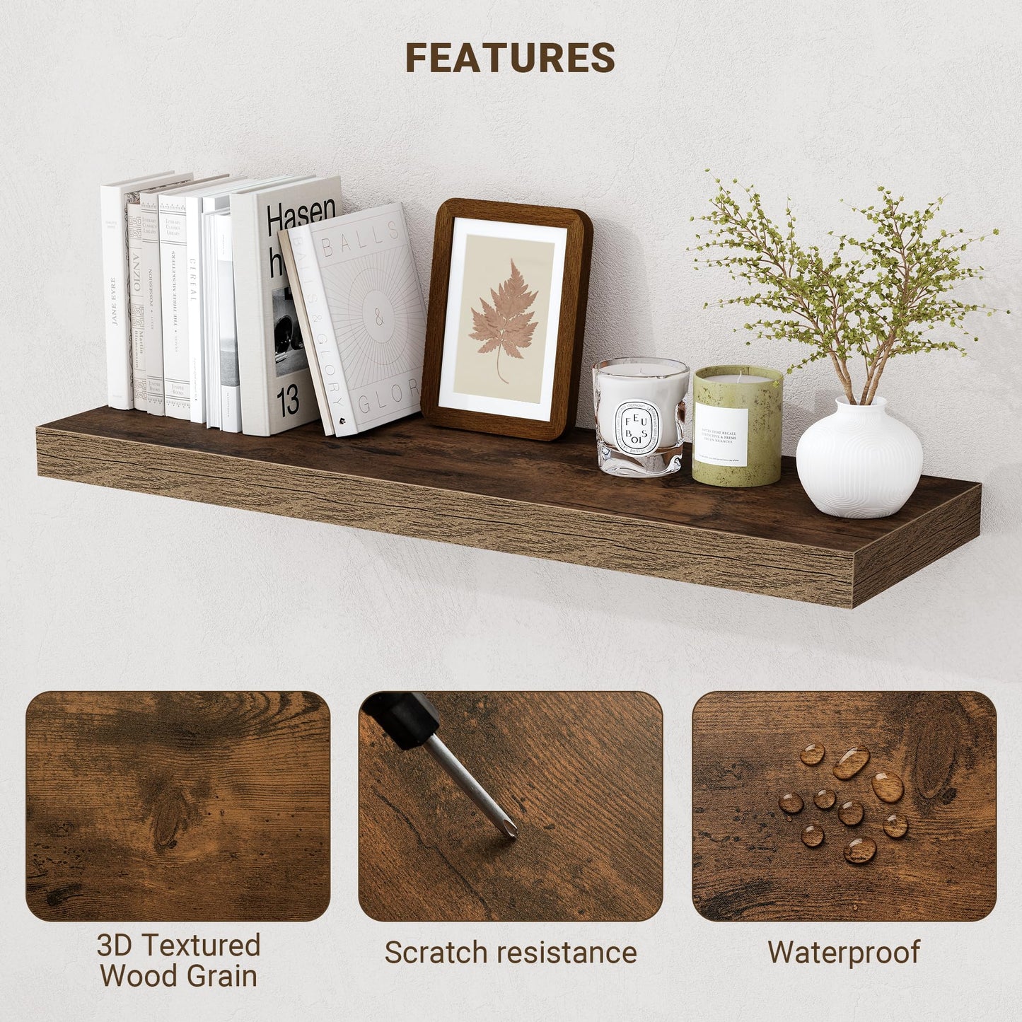 Acovy 55 Inch Floating Shelves, 55"x9.25"x1.5" Inch Deep Floating Shelves for Wall, Wooden Shelves for Bathroom, Bedroom, Living Room, Brown, 1 Piece
