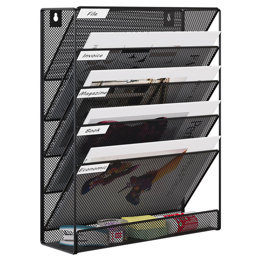 EasyPAG 5 Tier Wall File Holder, Mesh Hanging Folder Organizer with Classify Label, Versatile Desk File Holder, Vertical Wall Mounted Mail Organizer for Office Home Cubicle, Black