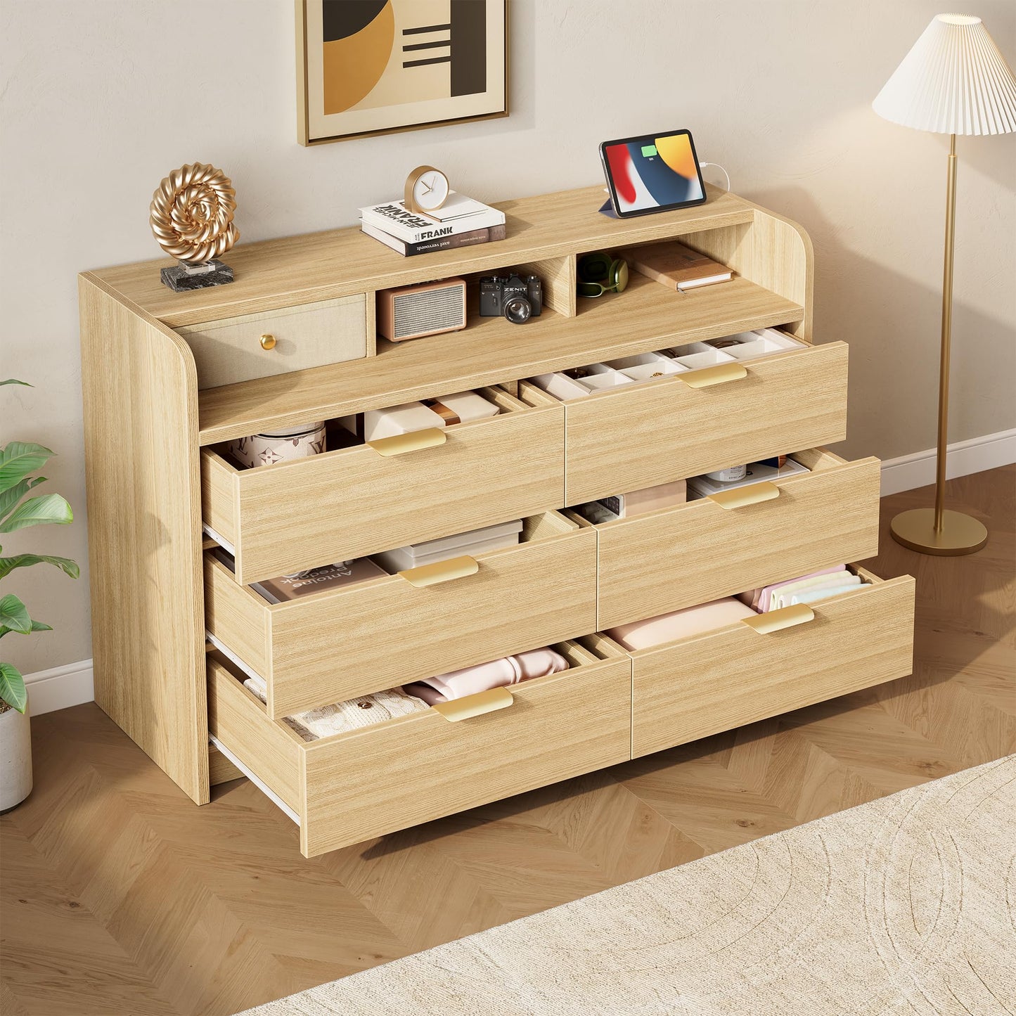 MapleGrace 53'' Wide 9 Drawer Dresser for Bedroom, Wood TV Stand Dresser with Power Outlets & LED Light, Chest of Drawers Closet Store Organizer for Living Room, Hallway, Light Oak