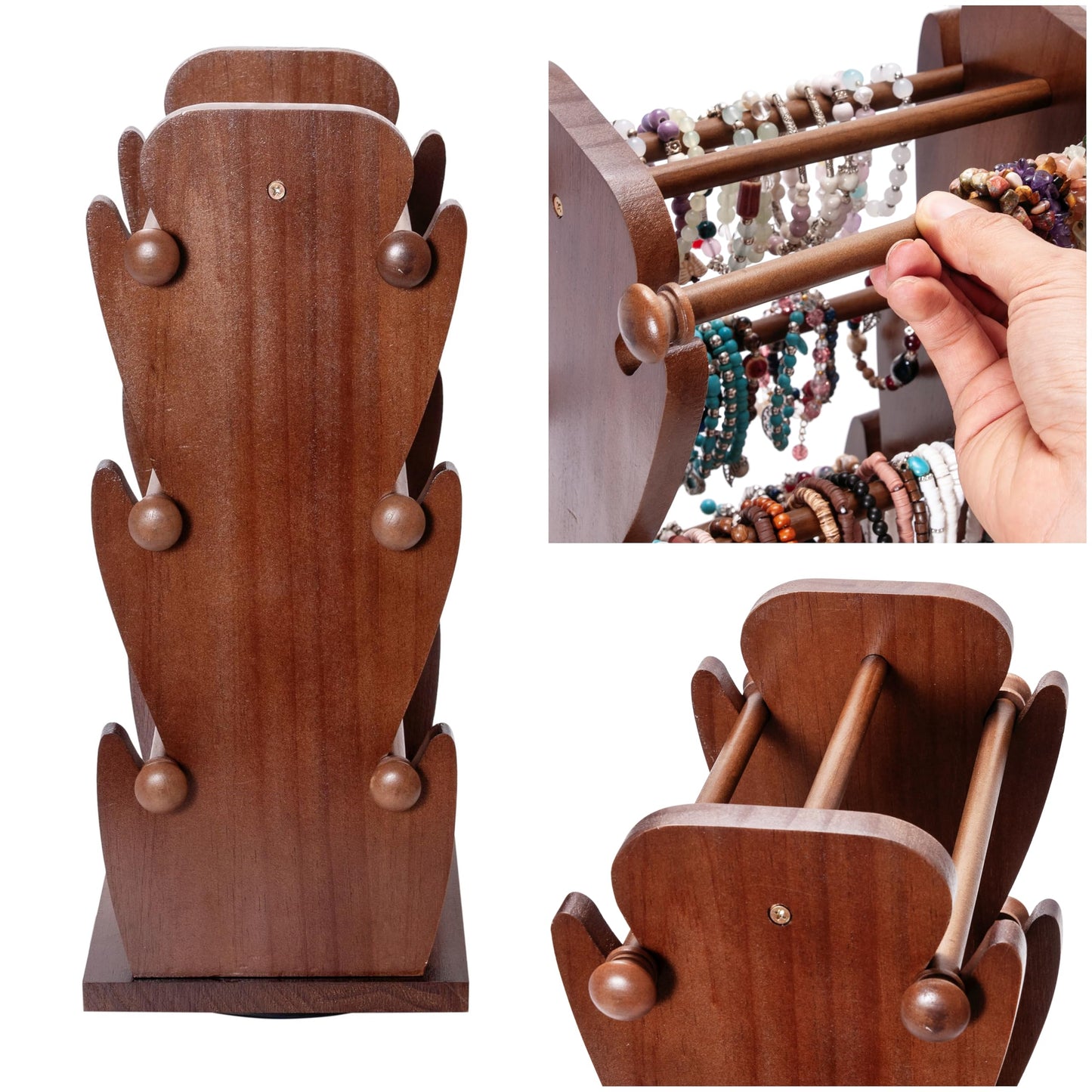 Two-Sided Rotating Wooden Jewelry Bracelet Holder Stand – 3-Tier Display with 6 Removable Bars for Bracelets, Bangles, Watches & Accessories – Brown Wooden Organizer for Home or Retail Showcase