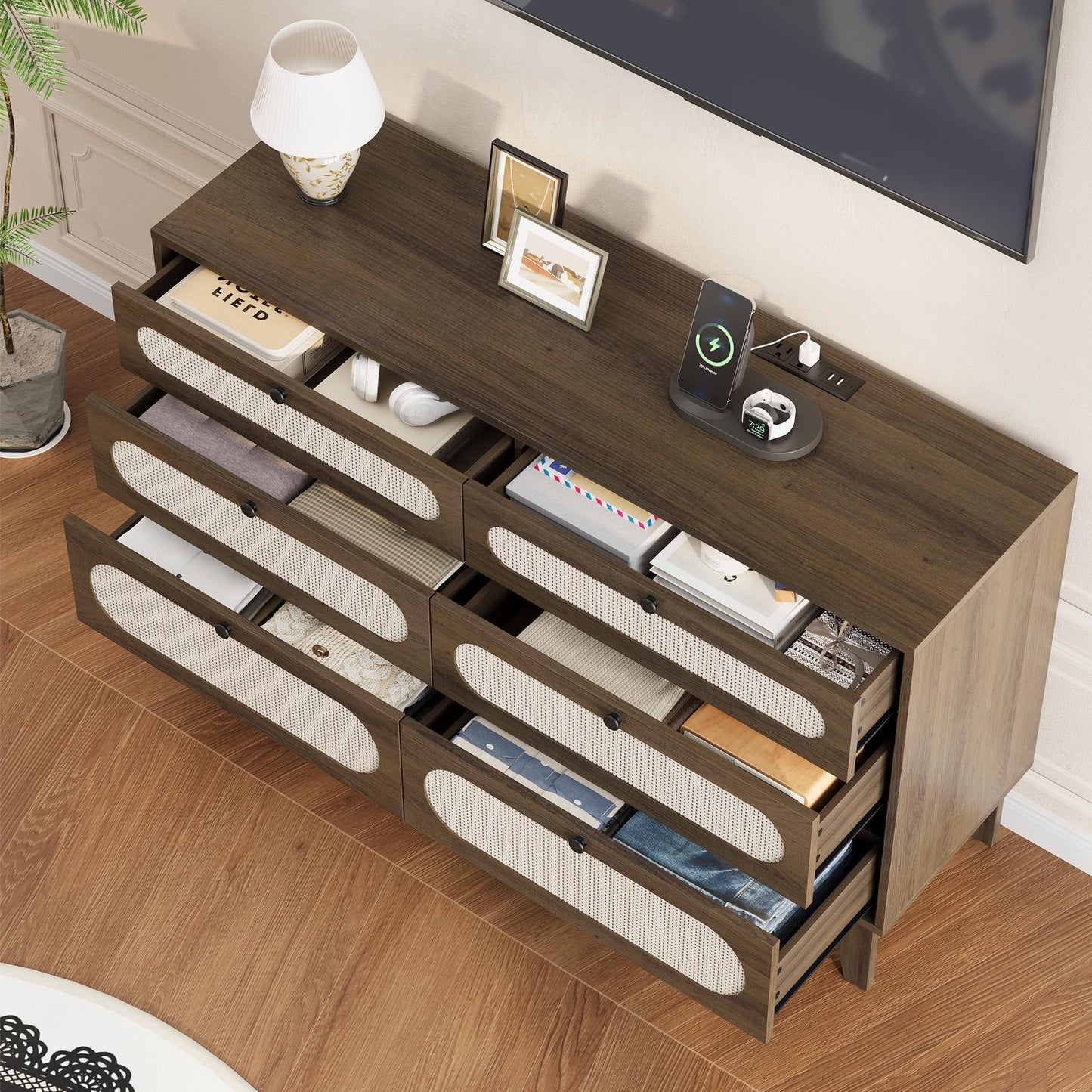 GarveeLife Rattan 6-Drawer Storage Dresser with USB Ports and Power Outlets, Wooden Chest for Bedroom and Living Room, Natural Oak Finish