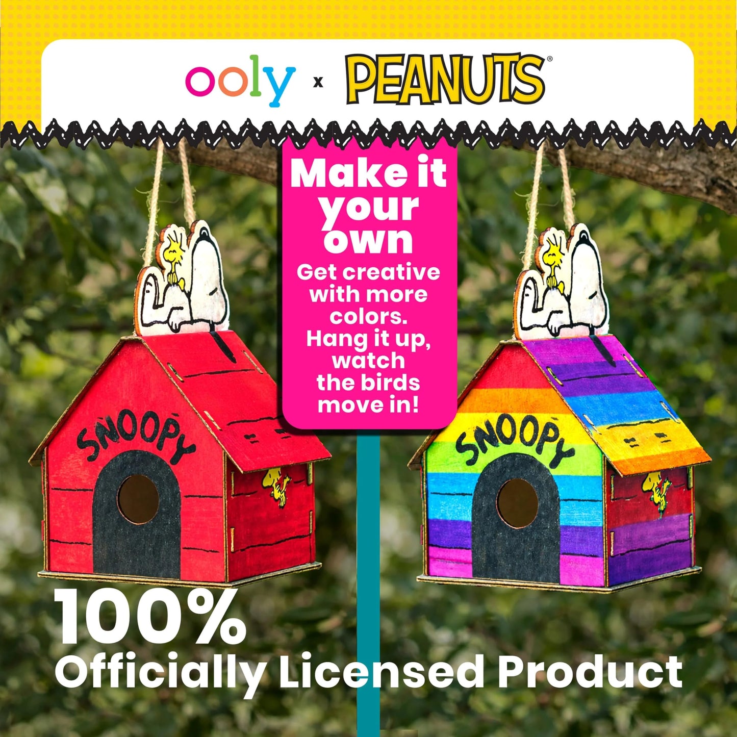 Ooly x Peanuts Snoopy Birdhouse Kit, Build & Paint Wooden Craft with 5 Acrylic Paint Markers, Twine & Instructions, Kids Craft Set Featuring Snoopy & Woodstock