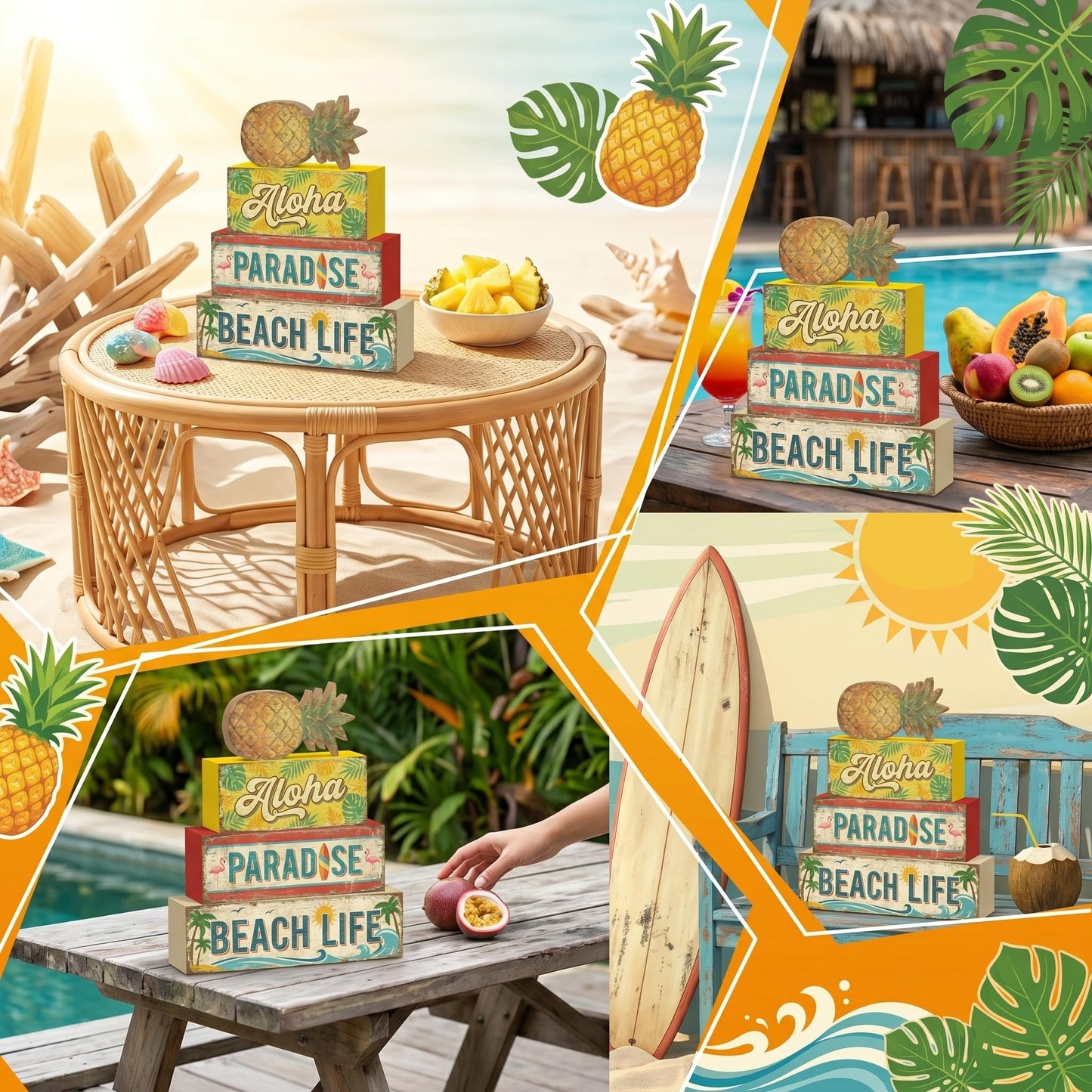 4 Pcs Tropical Pineapple Party Decorations Summer Hawaiian Luau Table Wooden Signs Summer Beach Tiered Tray Decor Fruit Home Bar Shelf Sitter Aloha Paradise Tiki Table Top Gifts