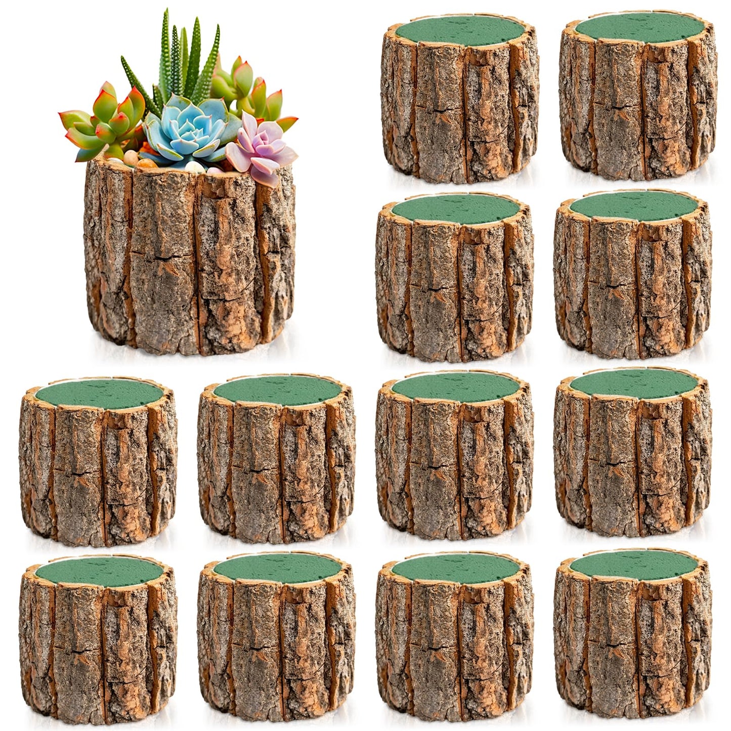 12 Set 3.5in Wooden Vases for Centerpieces, Wedding Flower Table Wood Vase Rustic Tree Stump Planter Pots with Foam Blocks for Woodland Party Home Farmhouse Table Decor (12 Set with Flower Foam)