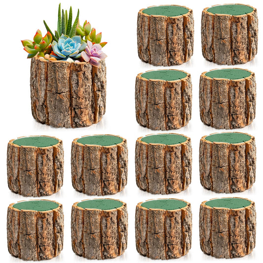 12 Set 3.5in Wooden Vases for Centerpieces, Wedding Flower Table Wood Vase Rustic Tree Stump Planter Pots with Foam Blocks for Woodland Party Home Farmhouse Table Decor (12 Set with Flower Foam)