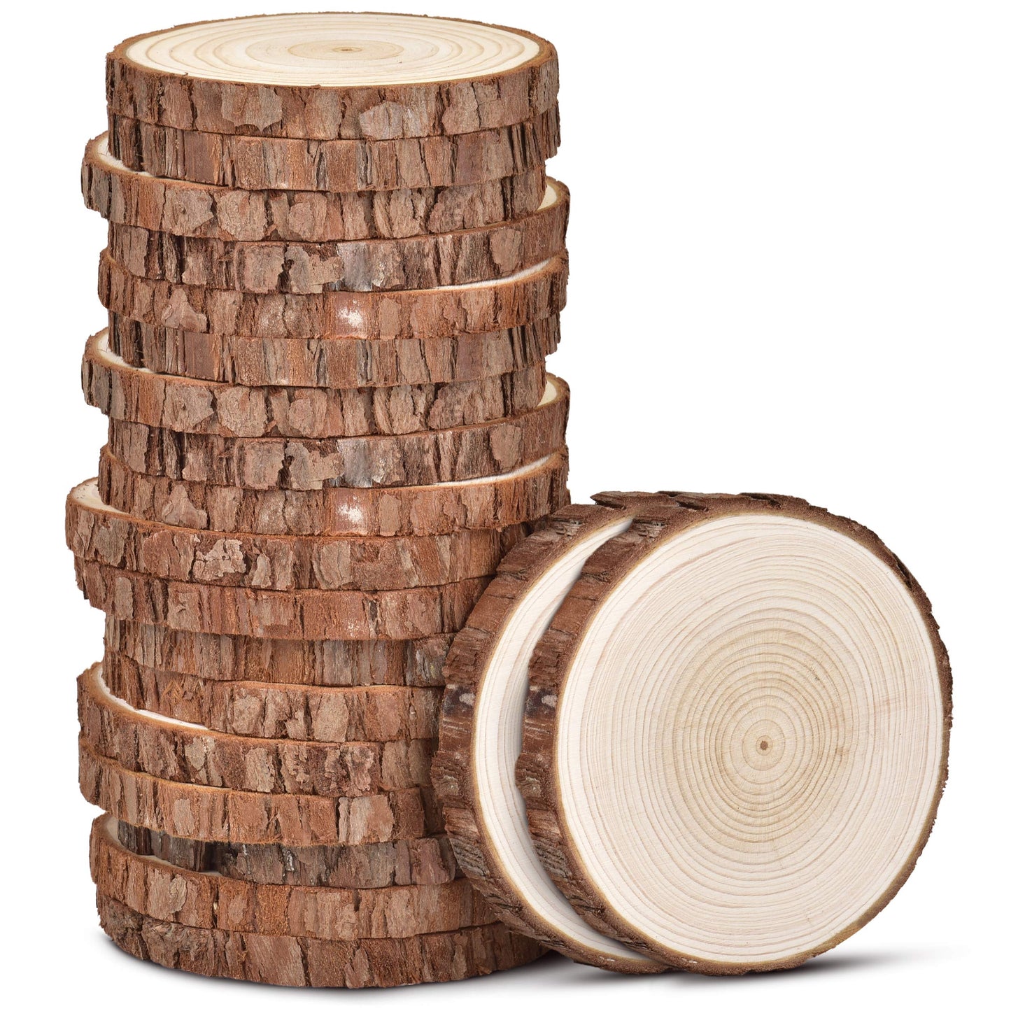 LESUMI Wood Slices with Bark, 20 Pcs 3.5-4 Inch Unfinished Pre-Sanded Wood Rounds, DIY Craft Supplies for Kids Art, Coaster, Christmas Ornament & Rustic Wedding Decor
