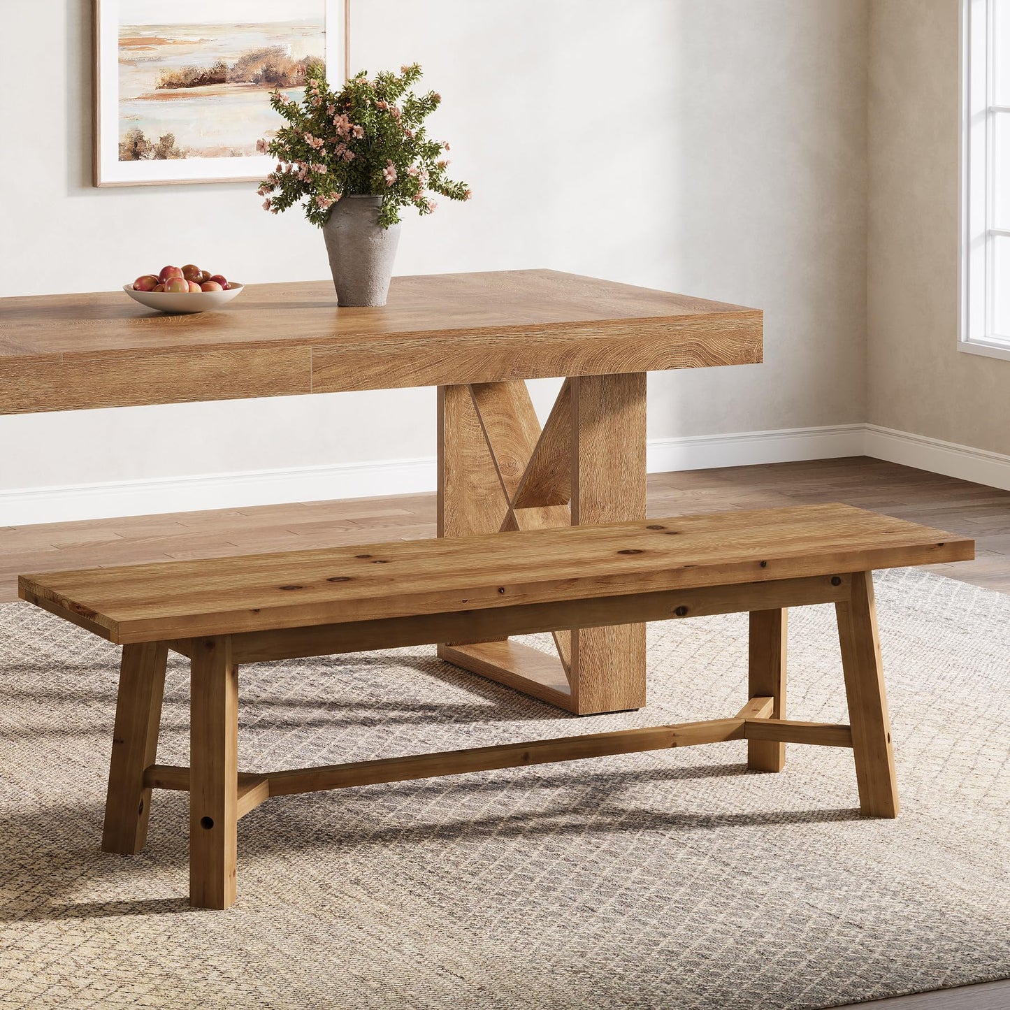 TRIBEWOOD 55" Solid Wood Bench, Farmhouse Long Bench Seat for Entryway, Dining Room, Living Room, Solid Wood, Rustic Brown