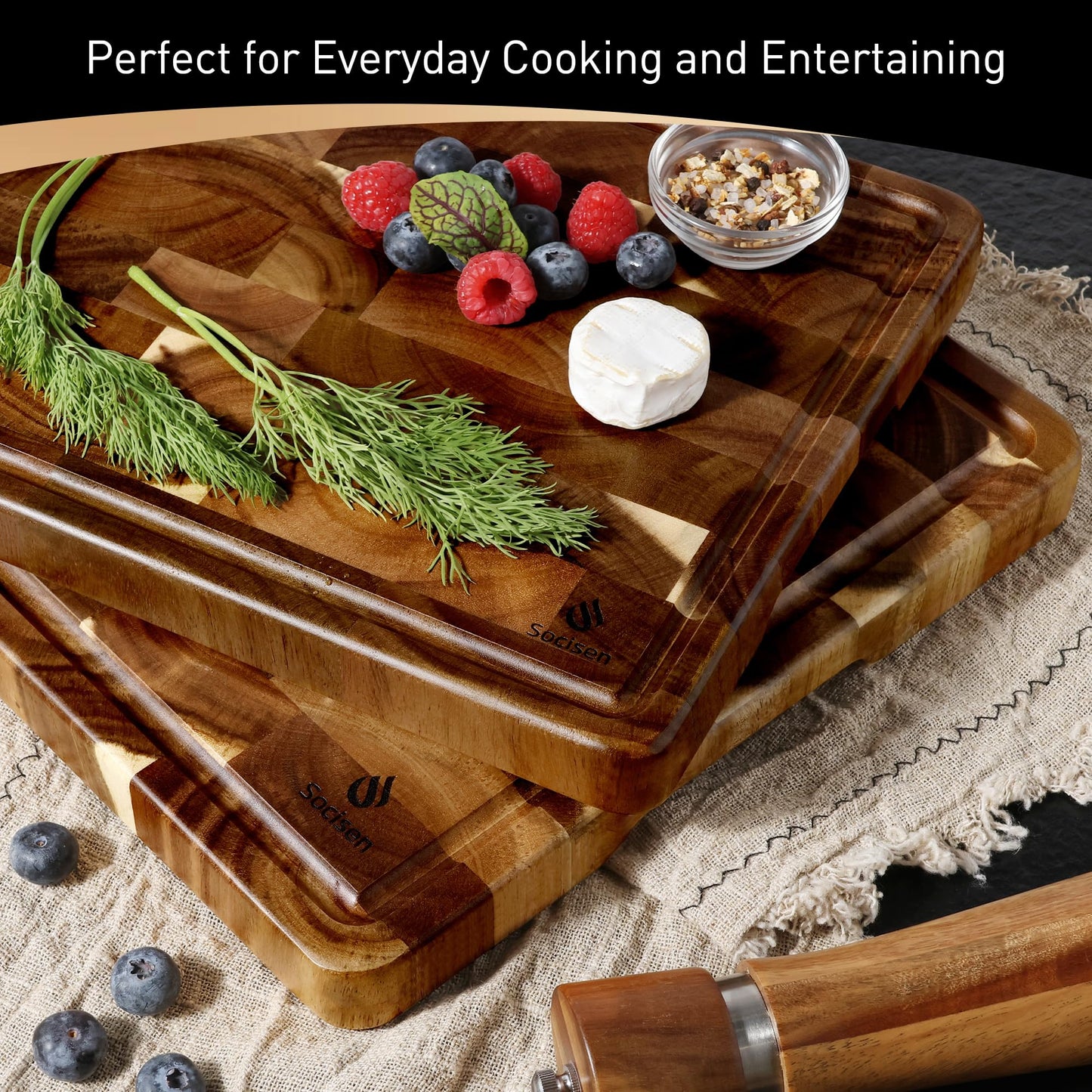 End Grain Cutting Board Set of 2 with Non-slip Feet, Reversible Acacia Wood Cutting Boards for Kitchen with Juice Grooves and Handles Non Toxic Chopping Board Butcher Block Serving Tray Kitchen Gift