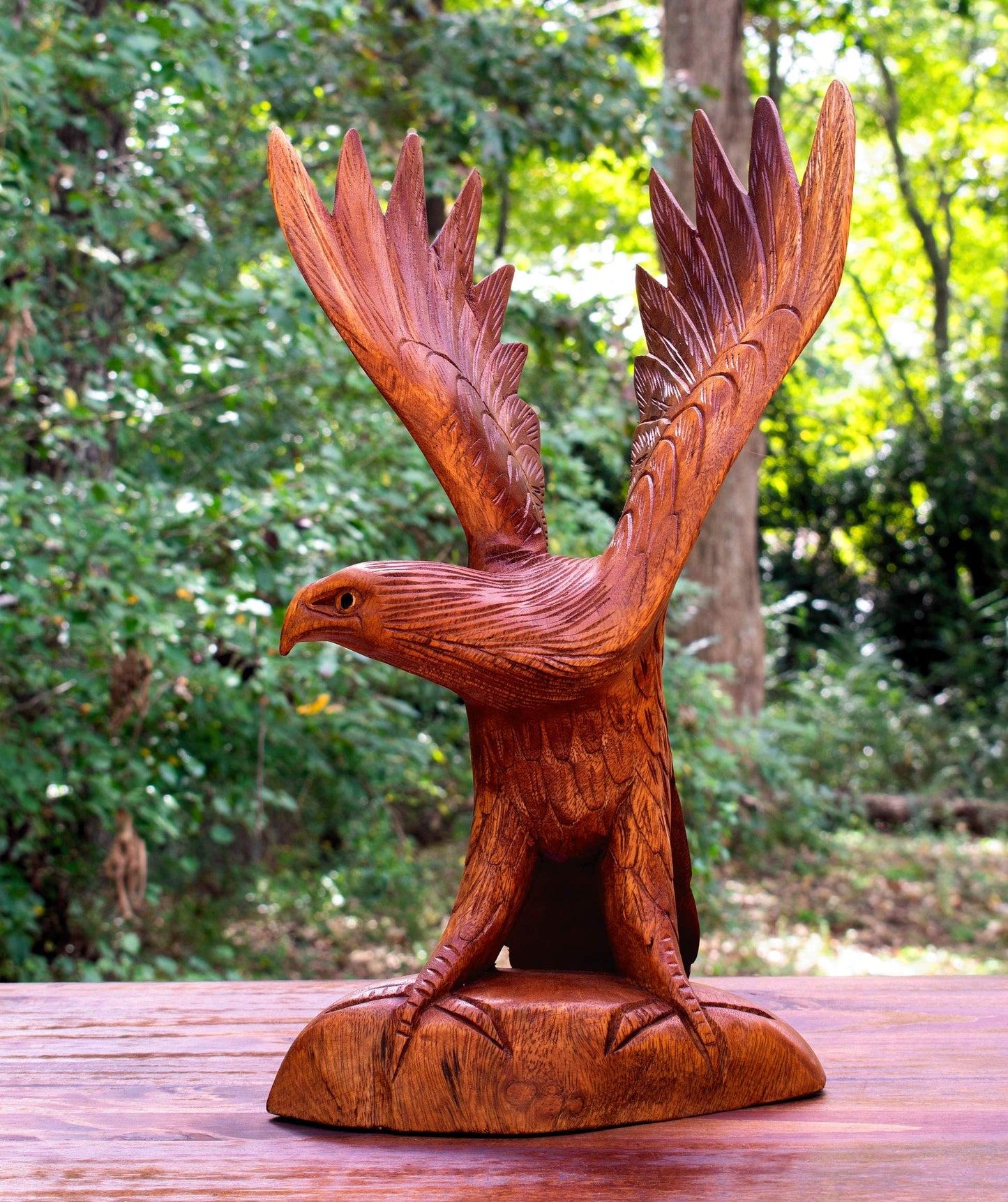 G6 Collection Hand Carved Wooden Eagle Statue, Open Wing Eagle Figurine Sculpture on Base, Rustic Wildlife Home Décor, Soaring Eagle (12" Tall)