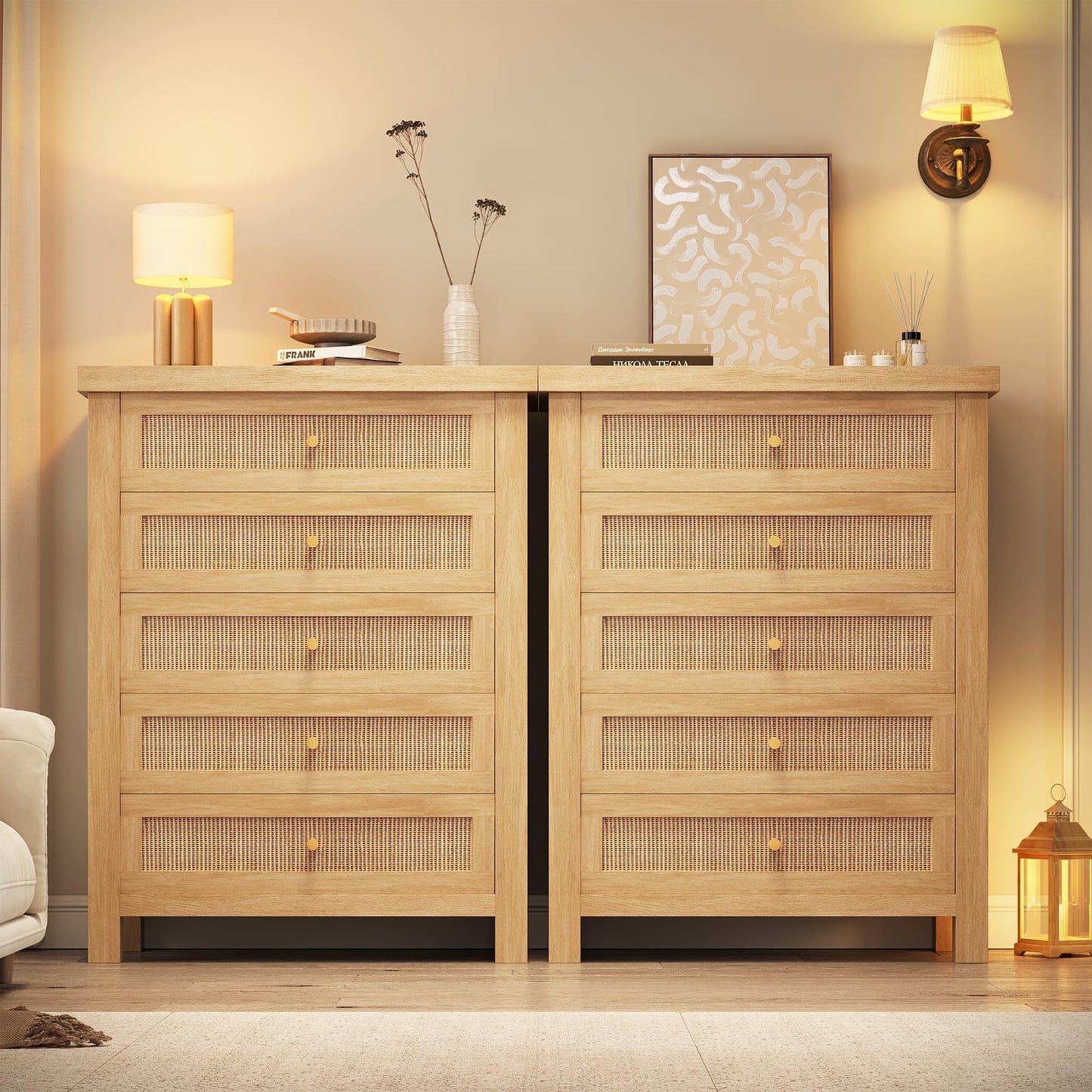 Natural Rattan Dresser for Bedroom with 5 Drawers, Wood Boho Chest of Drawers with Gold Metal Handle, Matte Top Bedroom Tall Dresser with Large Drawers for Living Room, Closet, Hallway, (Nartual)