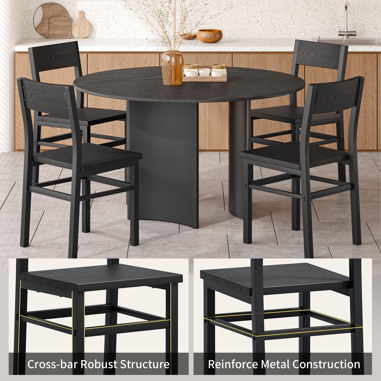 MECHYIN Dining Chairs Set of 4, Rustic Wood Dining Room Chairs with Thickened and Strengthened Metal Steel Frame & Slat Back, Modern Farmhouse Chair for Kitchen, Dining Room (4, Dark Black)