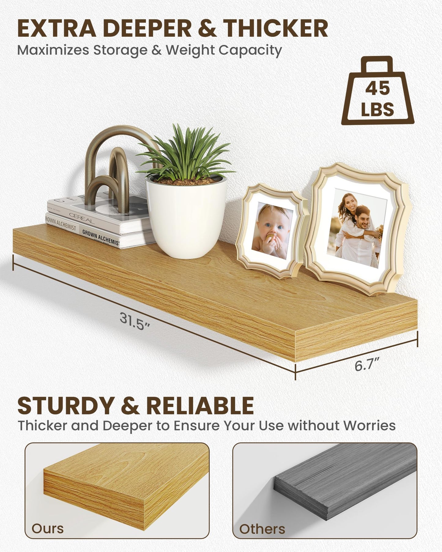 Marsmiles 32" Floating Shelves for Wall, Wooden Shelves with Invisible Brackets Set of 2, Rustic Farmhouse Wall Mounted Shelf for Kitchen Bathroom Living Room Study, Natural Oak