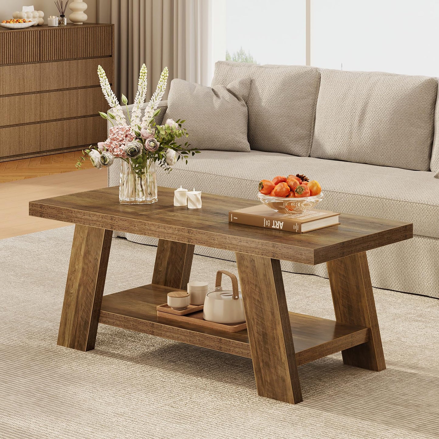 Tohomeor 47.24" Coffee Table for Living Room, Farmhouse Solid Wood Coffee Table with Storage, Rectangle Rustic Accent Center Table with for Home Apartment Office, Retro Brown