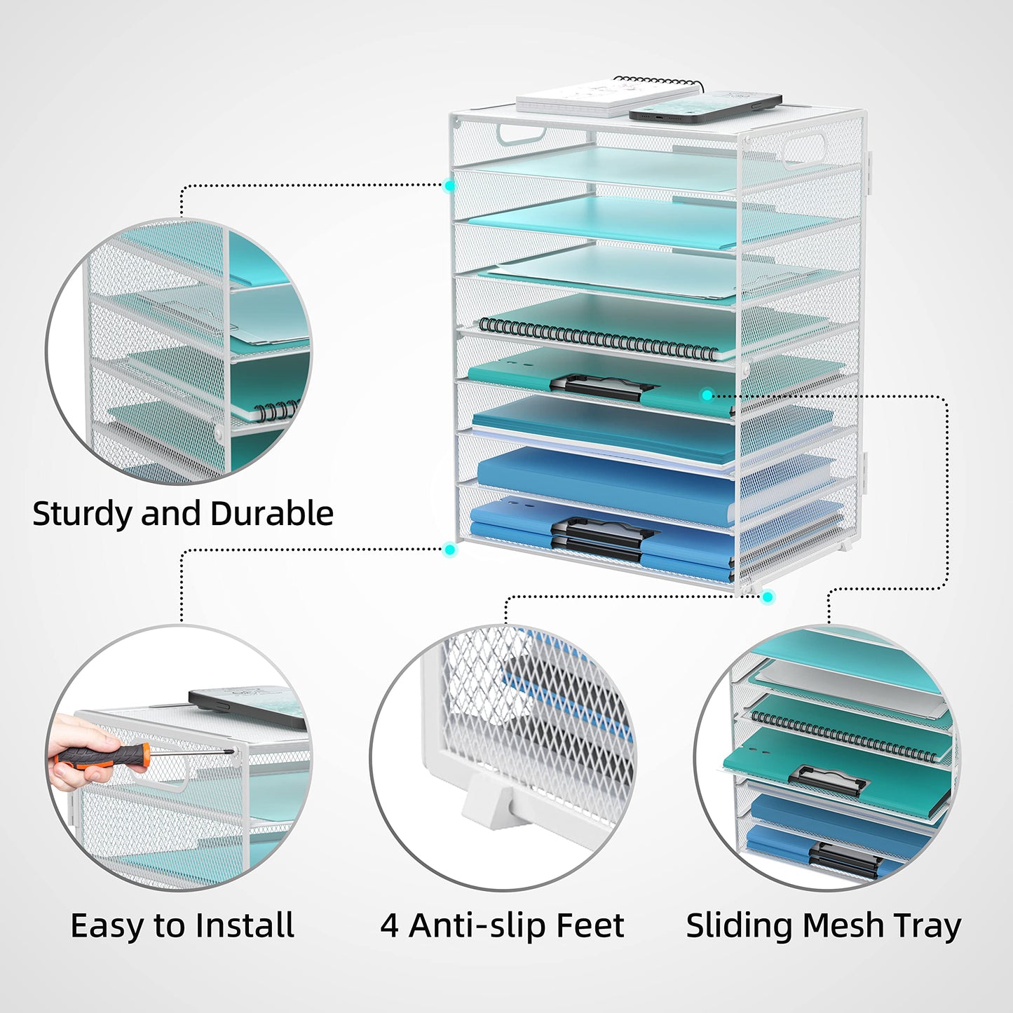 DALTACK 9-Tier Paper Organizer for Desk, Mesh Letter Tray Desk Organizer with Handles, Space-Saving File Organizer for Office Home School, White