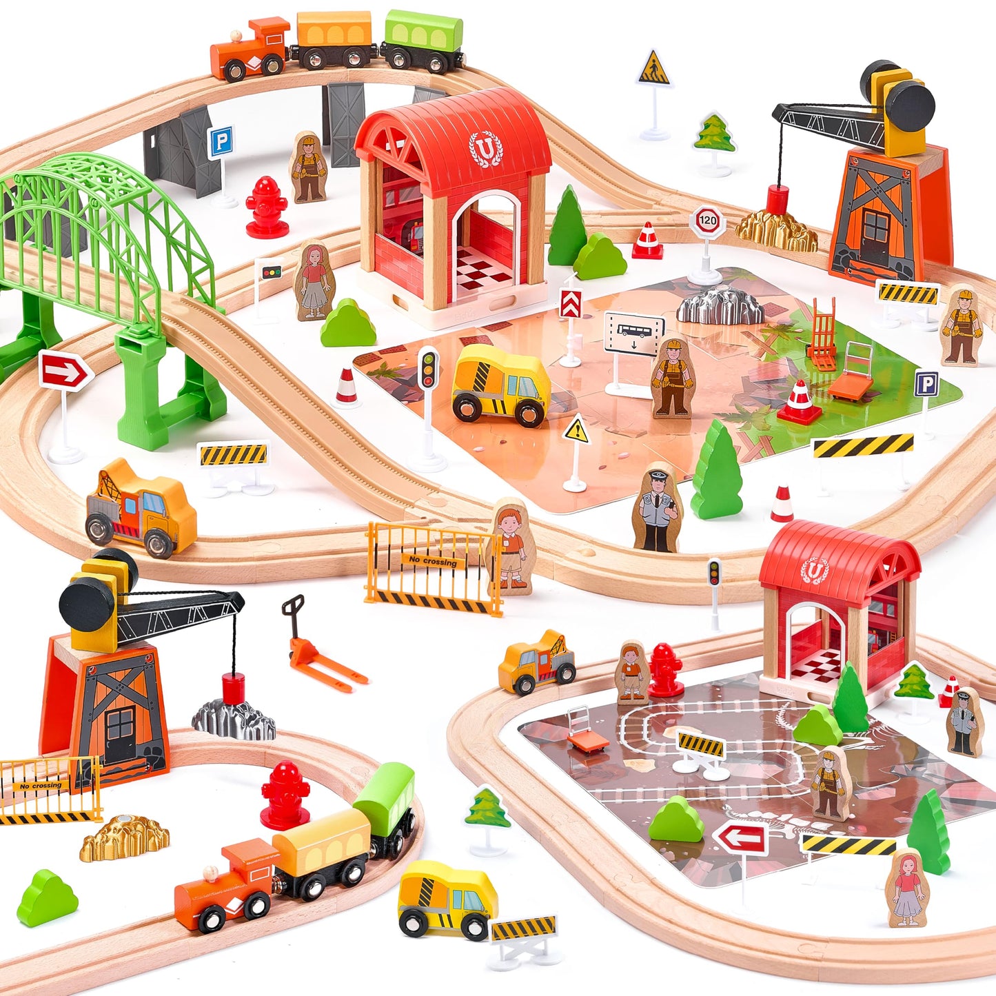 Wooden Train Set 102-Piece for Toddlers Kids Ages 3-8, Double-Sided Expandable Train Track with Puzzles & Magnetic Crane Toys, STEM Railway Playset Gifts Compatible with Major Brands for Boys Girls