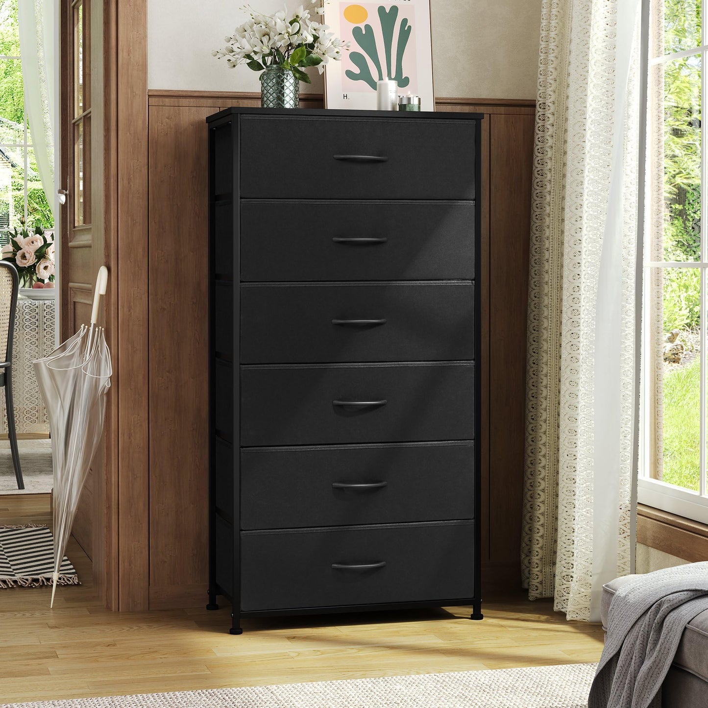 Crestlive Products Dresser for Bedroom with 6 Drawers, Tall Chest of Drawers, Black Dressers Bedroom Furniture, Storage Organizer Unit with Bins for Closet, Hallway, Living Room, Entryway