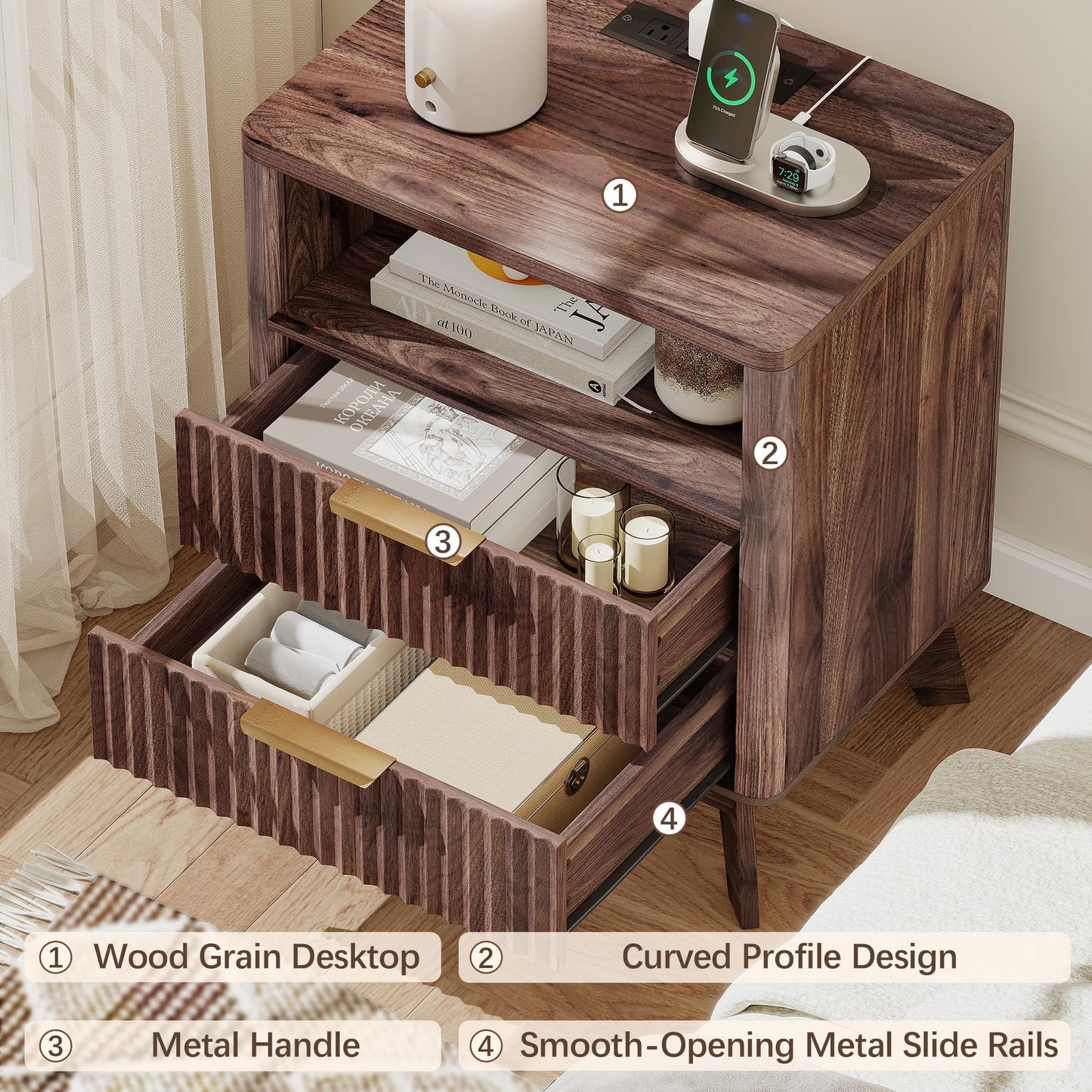 Baoz Walnut Fluted Nightstand with Charging Station & 2 Drawers for Bedroom