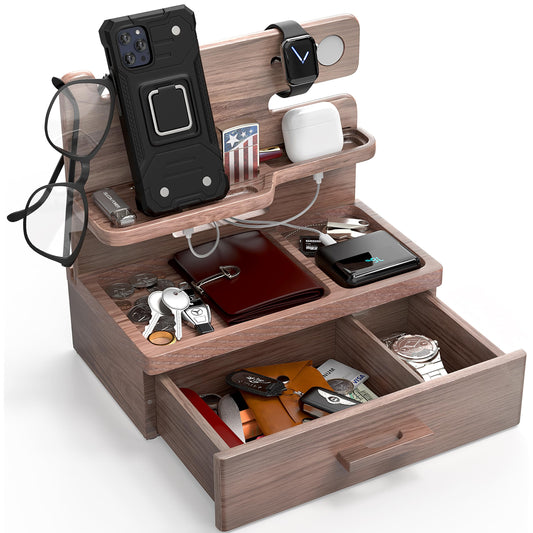 BarvA Phone Docking Station with Drawer Organizer | Night Stand Desk Charging Station | Upgraded Nightstand Organizer | Dresser Smart Watch Earbuds Phone Stand | Room Decor Gifts for Women Men Mom