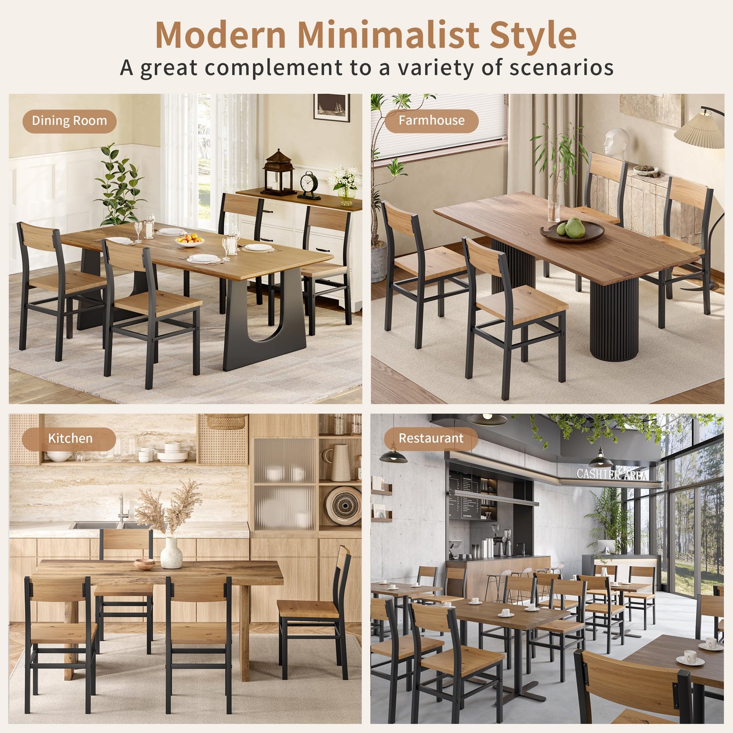 MECHYIN Dining Chairs Set of 4, Rustic Wood Dining Room Chairs with Thickened and Strengthened Metal Steel Frame & Slat Back, Modern Farmhouse Chair for Kitchen, Dining Room (4, Light Brown)
