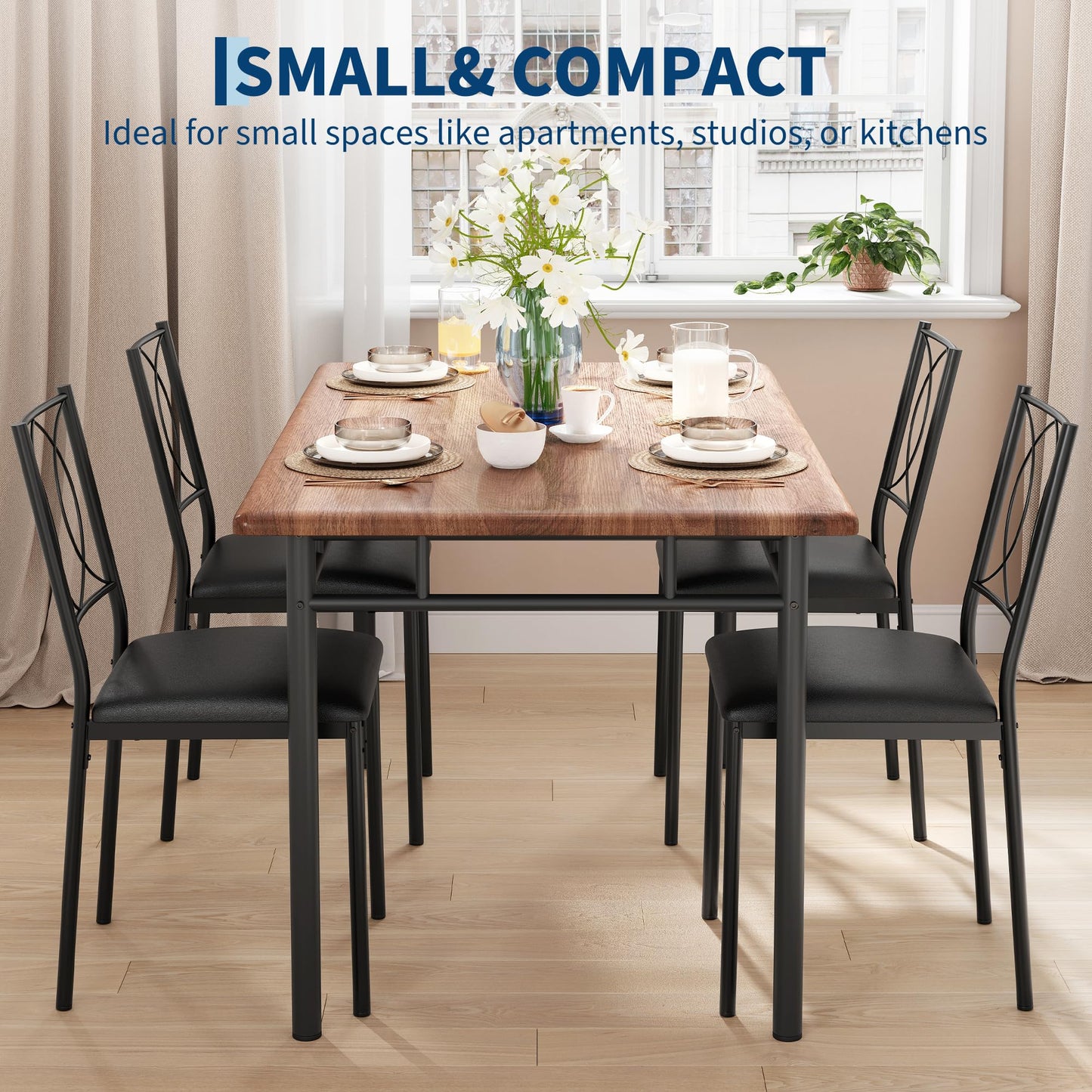 IDEALHOUSE Space-Saving 5-Piece Dining Table Set for 4 – Farmhouse Wooden Table with Upholstered Chairs – Compact Dining Furniture for Small Spaces, Easy to Clean – Walnut Color
