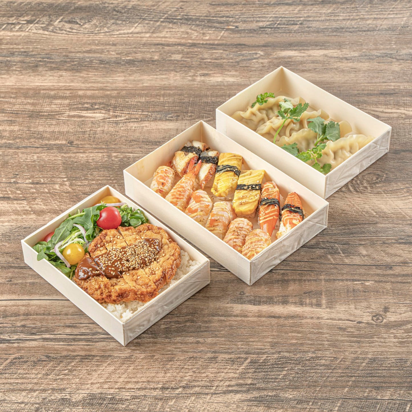 Restaurantware Wooden Bento Boxes 100 Pack of 7.9" x 4.8" Foldable Wooden Take Out Containers Sustainable Freezer-Safe Japanese Style Rectangular Lunch Boxes for Office, Camping, Sushi, Potluck
