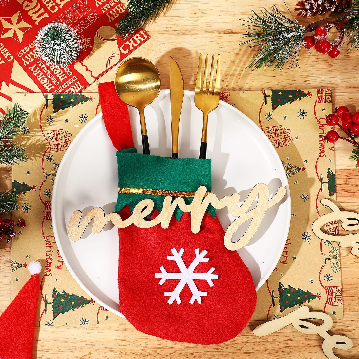Geetery 24 Set Christmas Cutlery Tableware Holders Christmas Santa Hats Silverware Holders Christmas Socks Silverware Holders and Wooden Cutout Letter Signs for Party Dinner Table Decorations