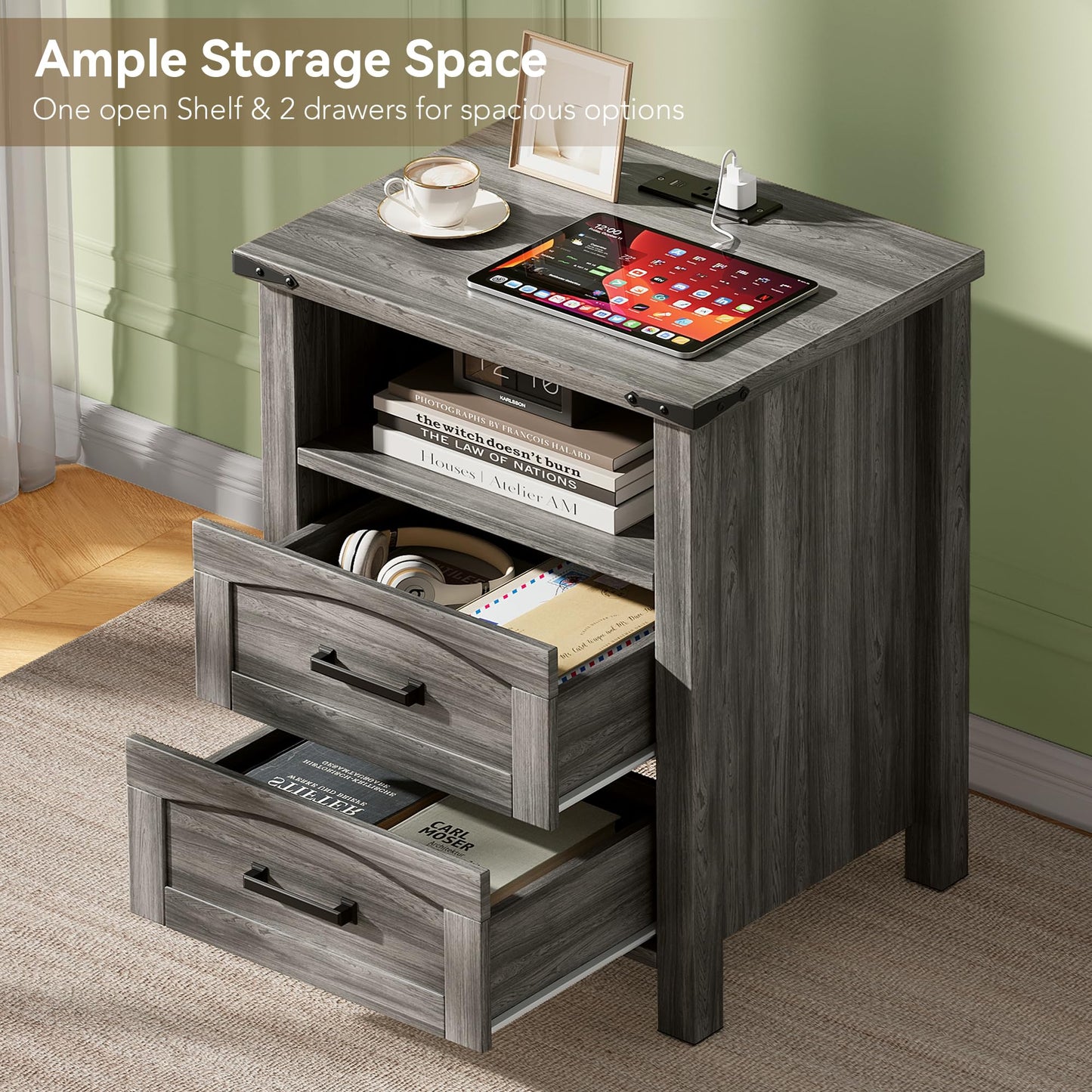 Decofy Farmhouse Nightstand Set of 2 with Charging Station, 18'' Wide Rustic End Table with USB/Type-C Ports, 2 Drawers & Open Shelf, Wood Bedside Table for Bedroom, Grey Oak