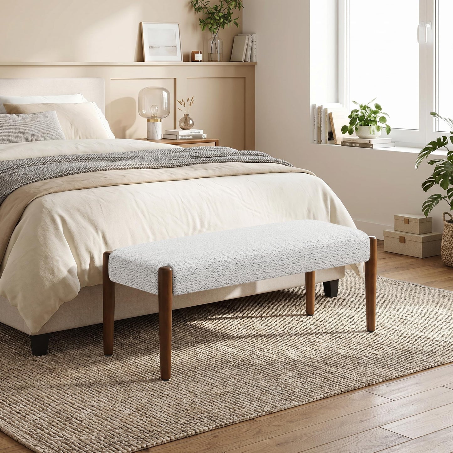 Usaint 42" End of Bed Bench, Modern Upholstered Bedroom Bench with Rubberwood Legs, Entryway Bench with Cushion, Dining Bench for Living Room, Bedroom, Heathered Off-White with Walnut Leg