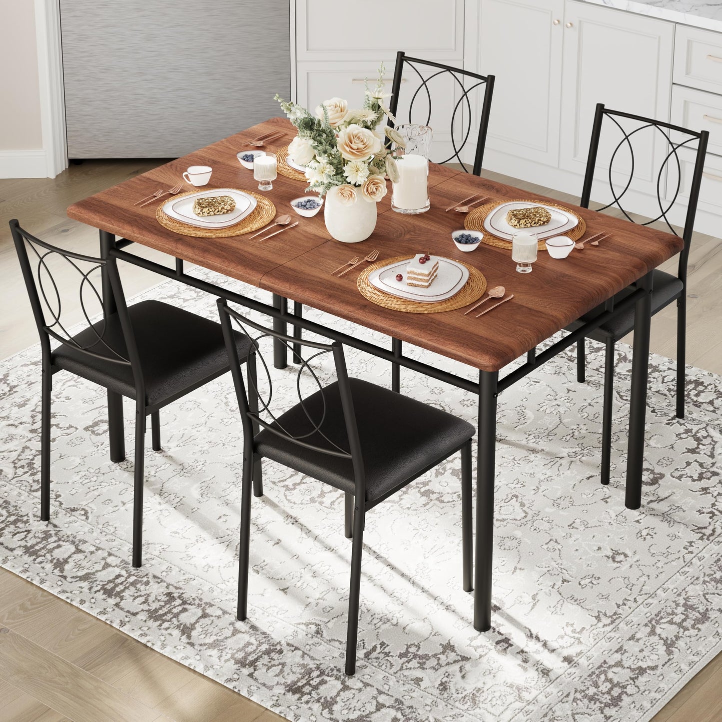 IDEALHOUSE Space-Saving 5-Piece Dining Table Set for 4 – Farmhouse Wooden Table with Upholstered Chairs – Compact Dining Furniture for Small Spaces, Easy to Clean – Walnut Color