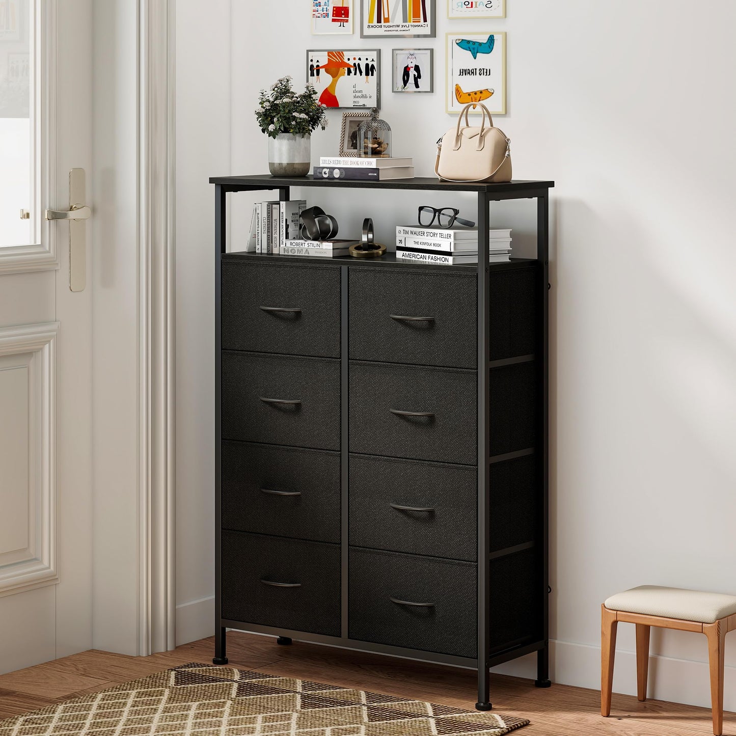 DUMOS Fabric Dresser for Bedroom with 8 Drawers, Tall 8-Drawer Chest of Drawers with Raised Shelf, Storage Tower with Fabric Bins for Closet Organization, Hallway Storage, Black