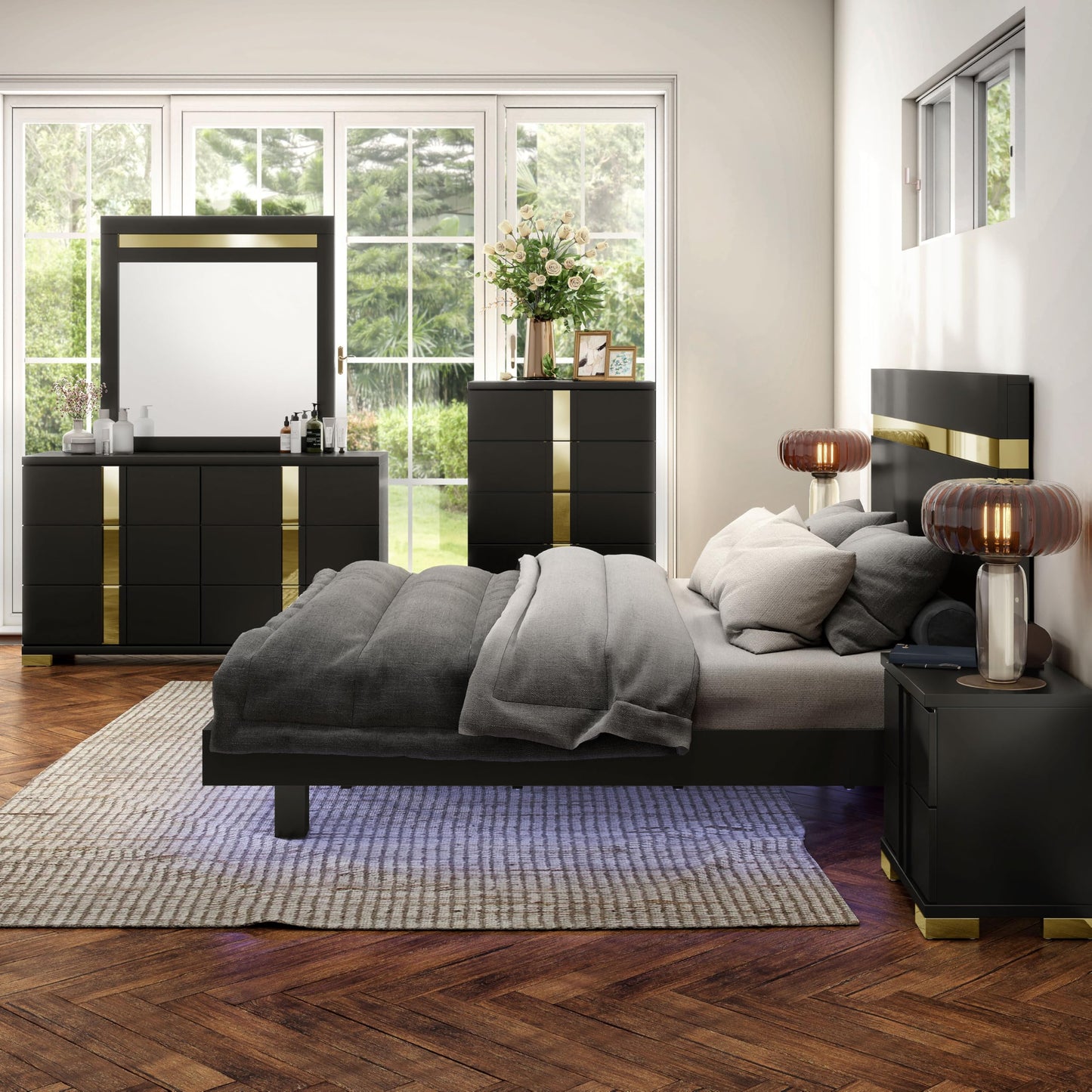 Furniture of America Ansten Modern Wood 6-Piece Platform Bedroom Set with Gold Trim, Underbed LED, Dust Proof Cases, Bracketed Metal Legs, No Box Spring Needed, King, Black