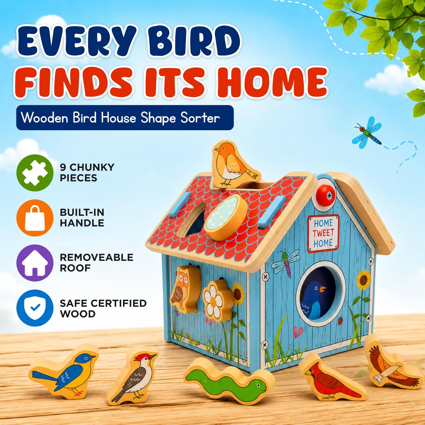 Jack Rabbit Creations Wooden Bird House Shape Sorter – Built-in Handle, Removable Roof – Non-Toxic, Certified Wood – Fine Motor Toddler Toy, Birthday Gift, Ages 18+ Months
