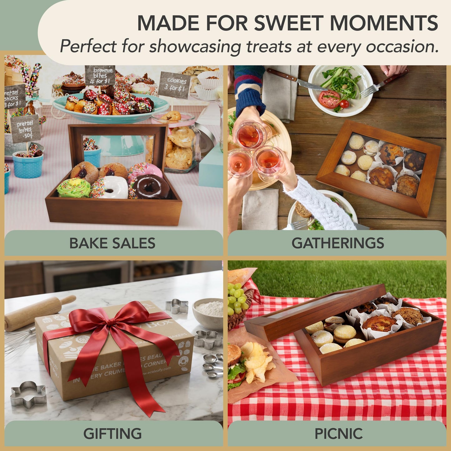 EcoLeafy Dot Wooden Bakery Box with Window - 12x8x2.5 Inches– Treat Boxes for Pastry, Desserts, Donuts, Muffins or Baked Goods- Comes with Reusable Canvas Bag-Ideal Baker Gifts for Women