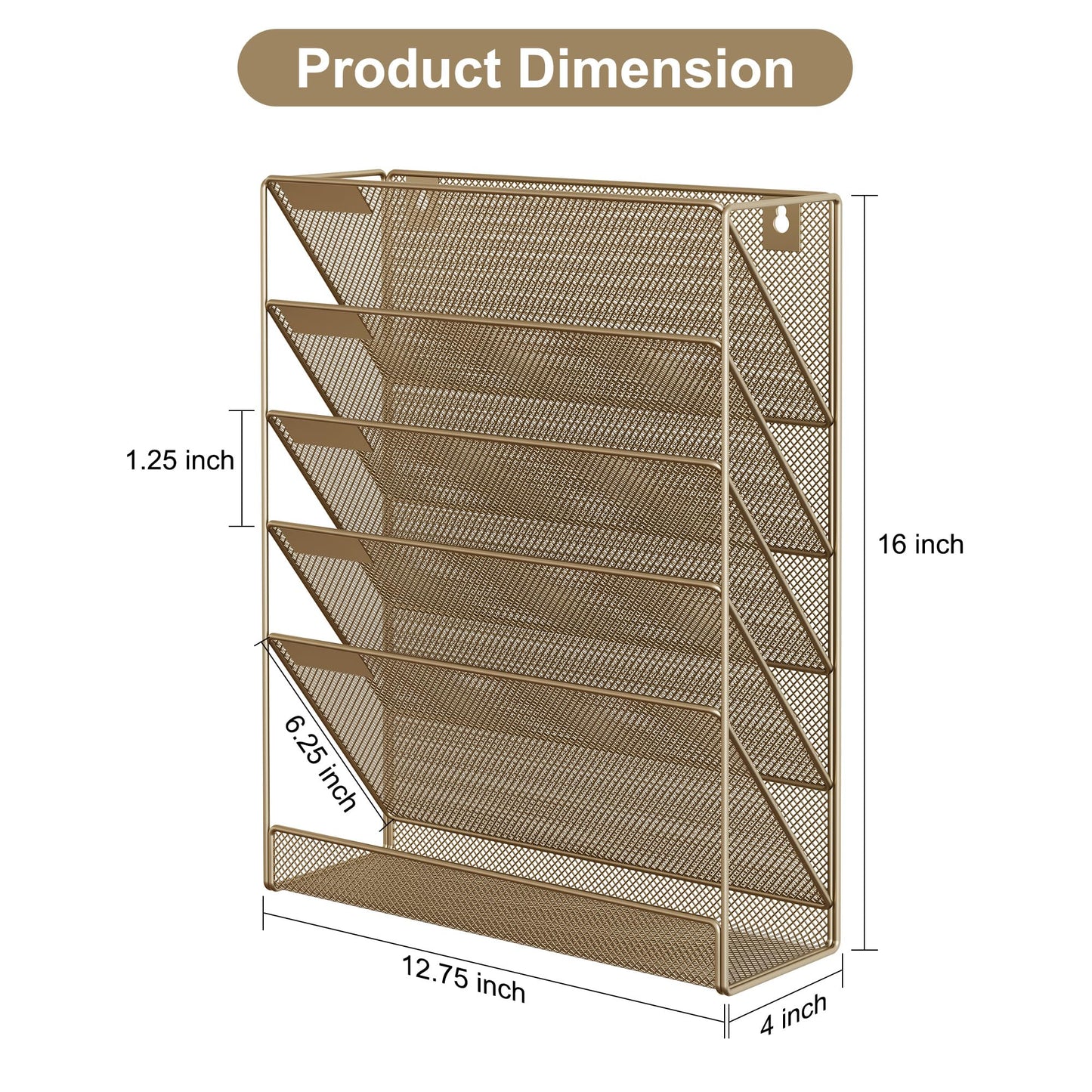 EasyPAG 5 Tier Wall File Holder, Mesh Hanging Folder Organizer with Classify Label, Versatile Desk File Holder, Vertical Wall Mounted Mail Organizer for Office Home Cubicle, Gold