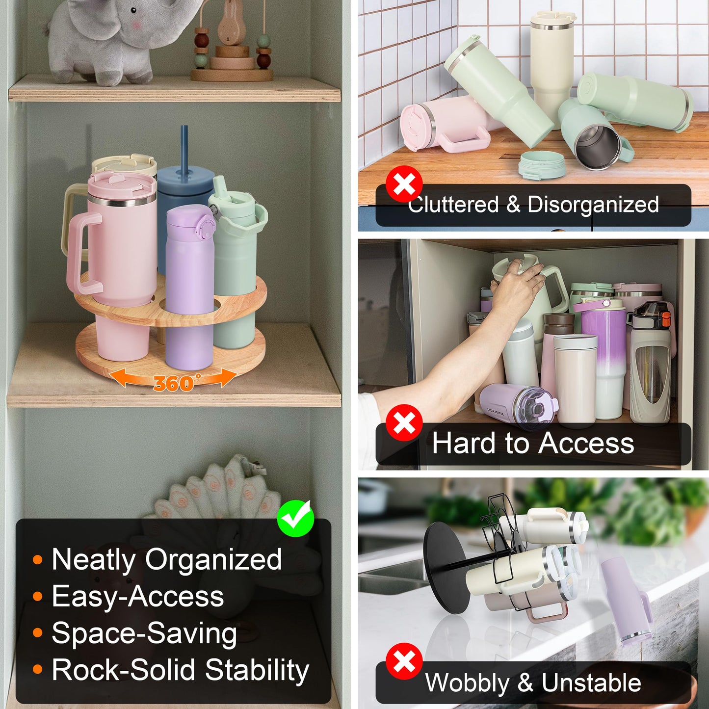 MyLifeUNIT Water Bottle Organizer for Stanley Cups 40oz/30oz/20oz, 360° Rotating Wooden Tumbler Organizer, Stanley Cup Holder for Cabinet Storage (Yellow)