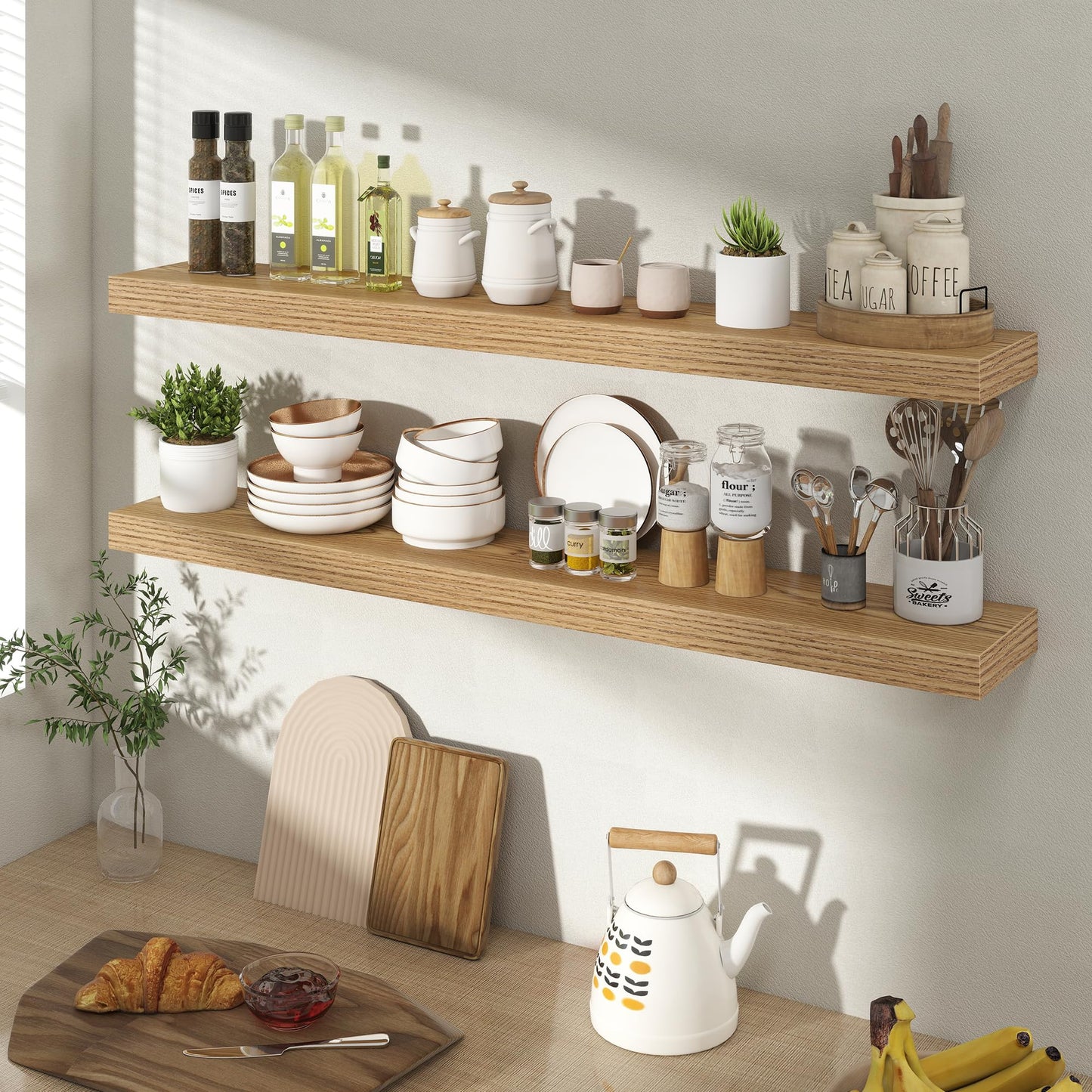 Acovy 40 Inch Floating Shelves for Wall 2 Pack, 40" Wall Shelves for Books, Storage, Decor, Wall Mounted Floating Shelf with Invisible Brackets for Kitchen, Living Room, Light Brown
