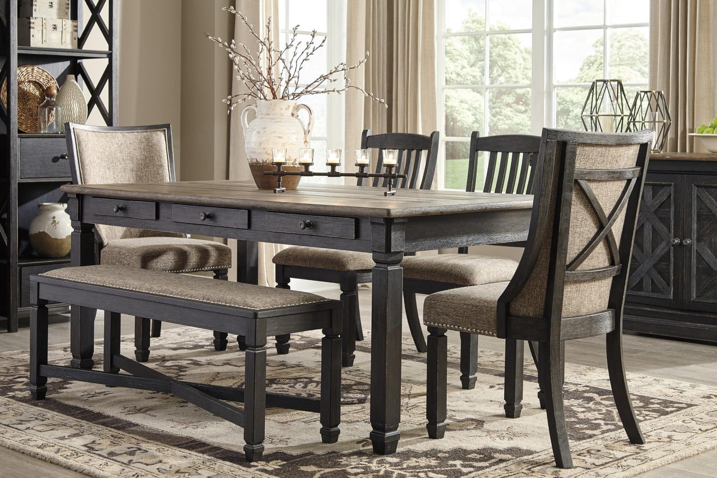 Signature Design by Ashley Tyler Creek Farmhouse Upholstered Dining Room Bench with Tapered Legs, Heavy Woven Fabric, Wood, 19.5" High Seat, Black & Gray