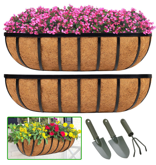LCHUANG Railing Planter Window Box - 2 Pack 30 Inch Deck Balcony Rail Planter with Coconut Coir Liner, Fence Metal Hanging Flower Planter Basket Deck Railing Planter Boxes for Outdoor Garden