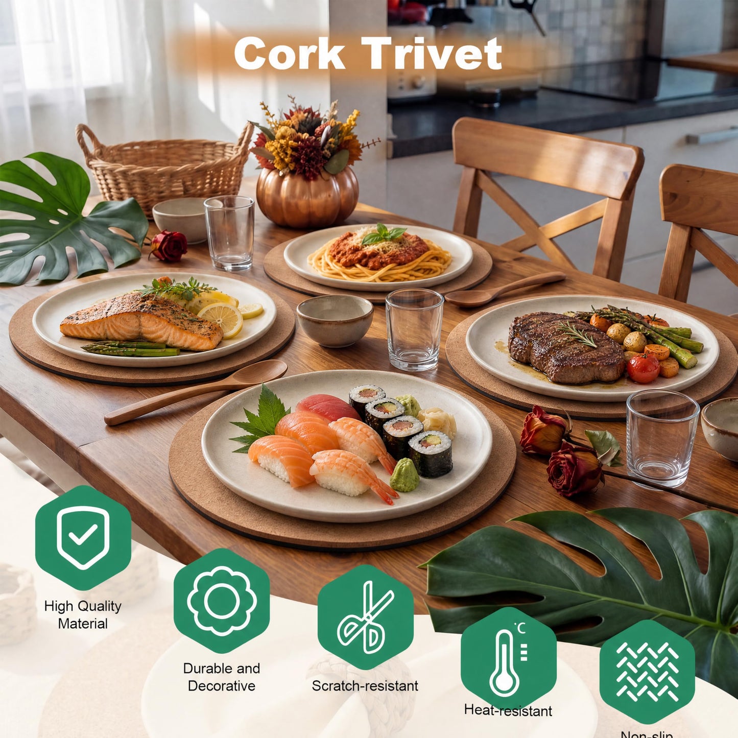 Gandeer Set of 6 Round Cork Placemats Rustic Heat Resistant Wooden Place Mats Cork Trivets for Hot Dishes High Density Thick Wood Coasters Non-Slip Hot Pads for Kitchen and Dining Tables Easy Clean
