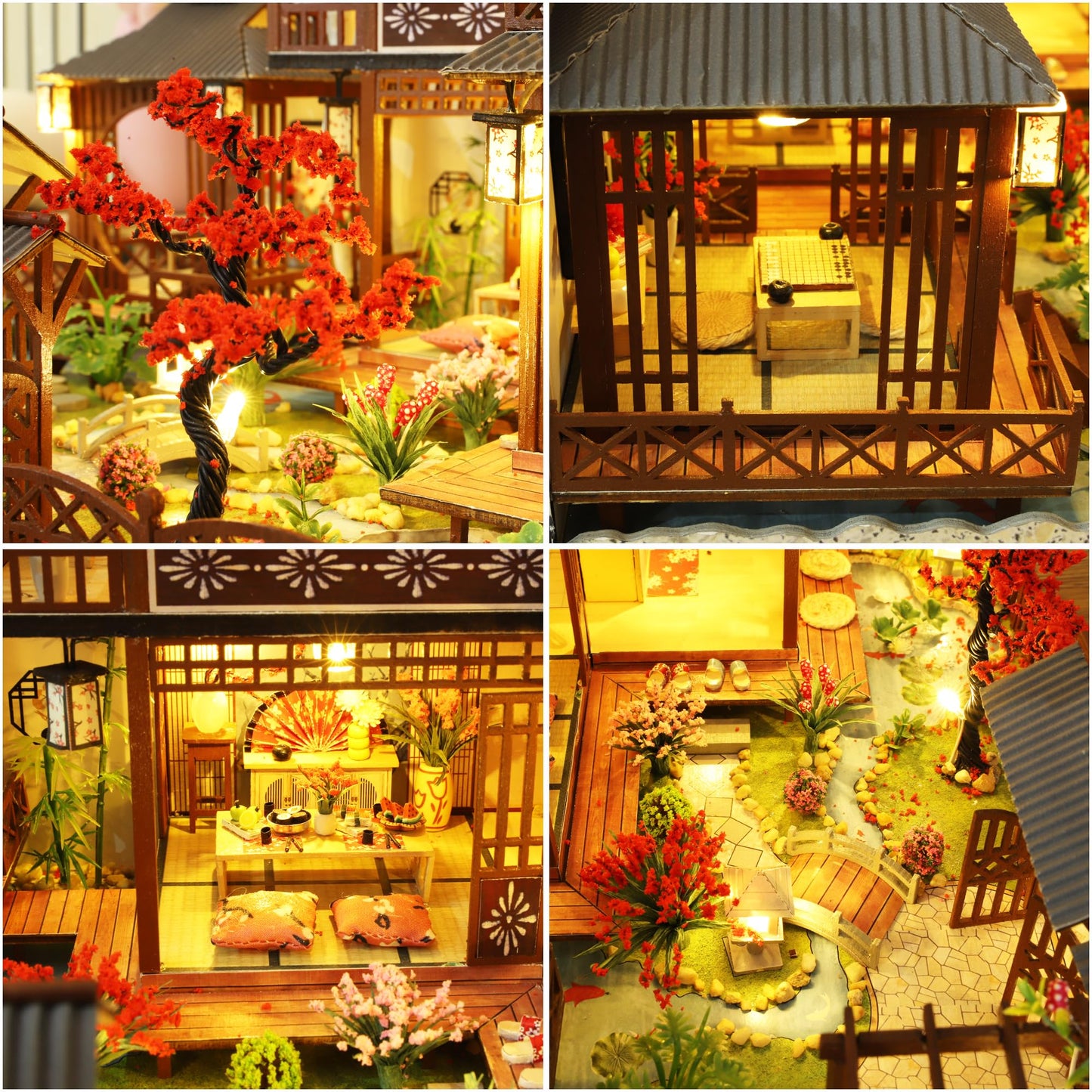 KOOMEKI Miniature Dollhouse DIY Set with Decoration Furniture and LED Lights, 1:24 Scale DIY Wooden Dollhouse Kit with English Instructions, Birthday Gift or Party Favors (Japanese Courtyard Style)