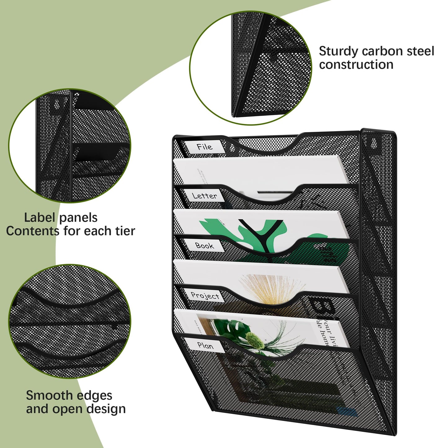 EasyPAG Wall File Organizer 5 Tier Hanging Paper Folder Holder, Zero Assembly Metal Mesh Wall Mounted Mail Organizer for Office Home Classroom Narrow Spaces, Black
