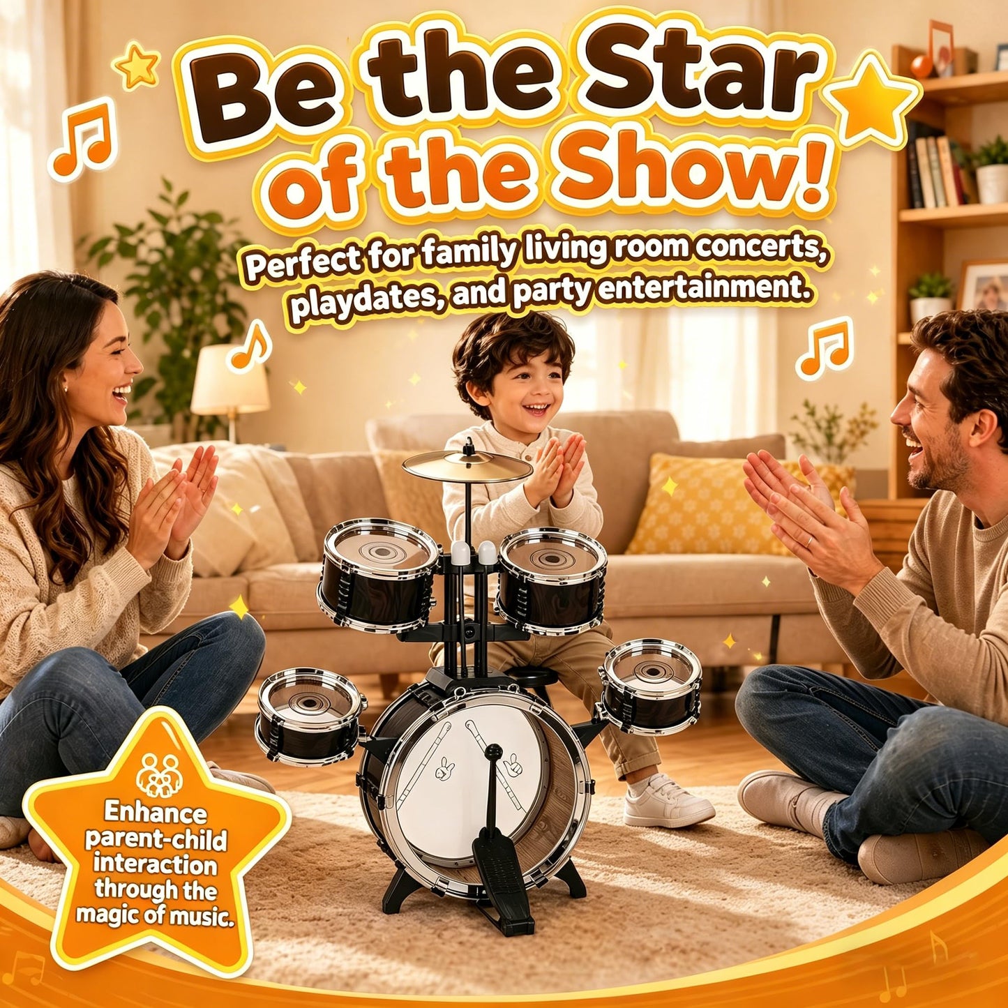 Soundo Kids Drum Set for Toddlers 3-5, 5 Piece Junior Drum Kit with Upgraded Heavy-Duty Anti-Tip Stool, Wood Grain Musical Instruments Toy for Boys & Girls, Birthday Gift for Age 3 4 5 6