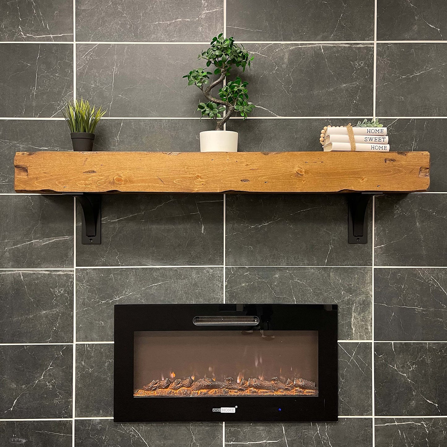 Urbandi Fireplace Mantel, Distressed, Rustic, Floating Shelf, Modern, Real Wood. (48Lx6Hx8D, Brown)