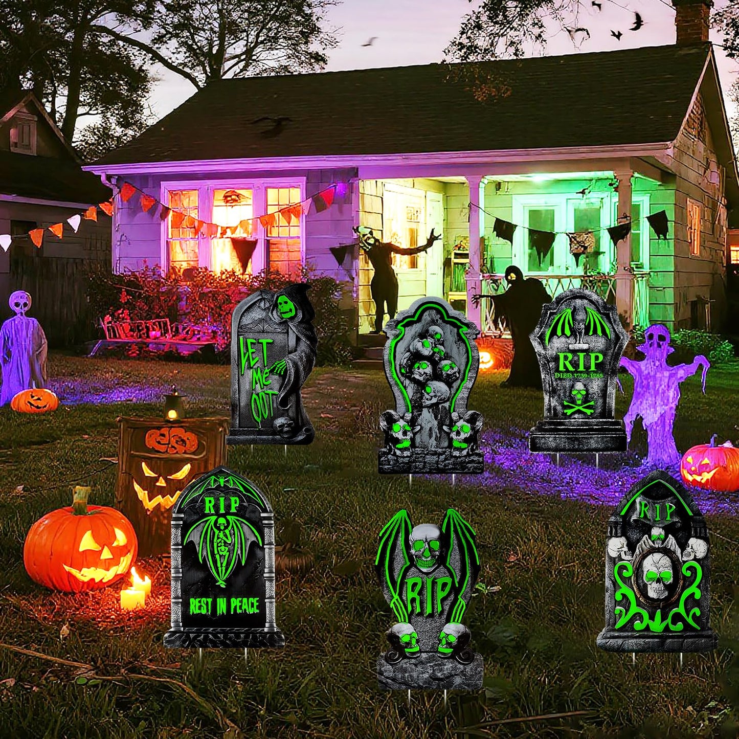 Larber 6pcs Glow in The Dark Tombstones with Stakes Large Halloween Tombstones Yard Signs Decor Waterproof RIP Headstones for Graveyard Halloween Lawn Garden Outdoor Indoor Decoration